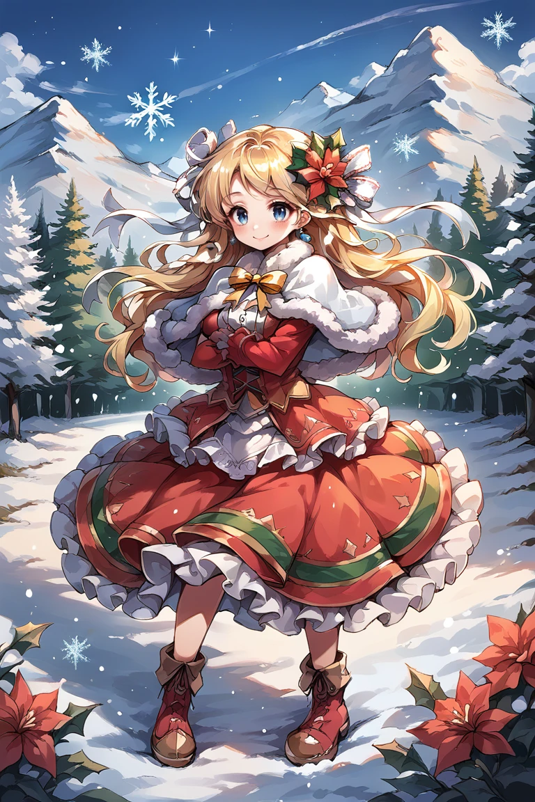 (score_9, score_8_up, score_7_up), source anime,  <lora:backgroundsetXL:0.2> , background,  scenery, nature, winter, snow, snowflakes, sparkles, glitter, fairies, outdoors, trees, mountain, BREAK
<lora:Priscilla:0.7> , prdef, 1girl, blonde hair, blue eyes, long hair, flower, hair ornament, hair ribbon, white hair ribbon, neck ribbon, yellow neck ribbon, hair flower, earrings, capelet, fur-trimmed capelet, dress, red dress, layered dress, frilled dress, red sleeves, white shirt, frills, ruffles, lace, boots, full body, smile, christmas (theme), perfect hands, crossed arms, looking at viewer,  <lora:3th3r34lXLP:0.6> , 3th3r34l,