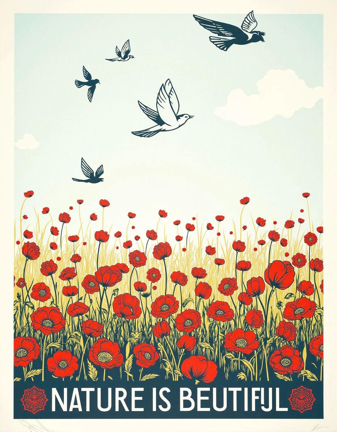 <lora:ShepardFairey:1>, ck-fairey,  poster, a field of poppies and birds, white and blue background, with text:"NATURE IS BEAUTIFUL"