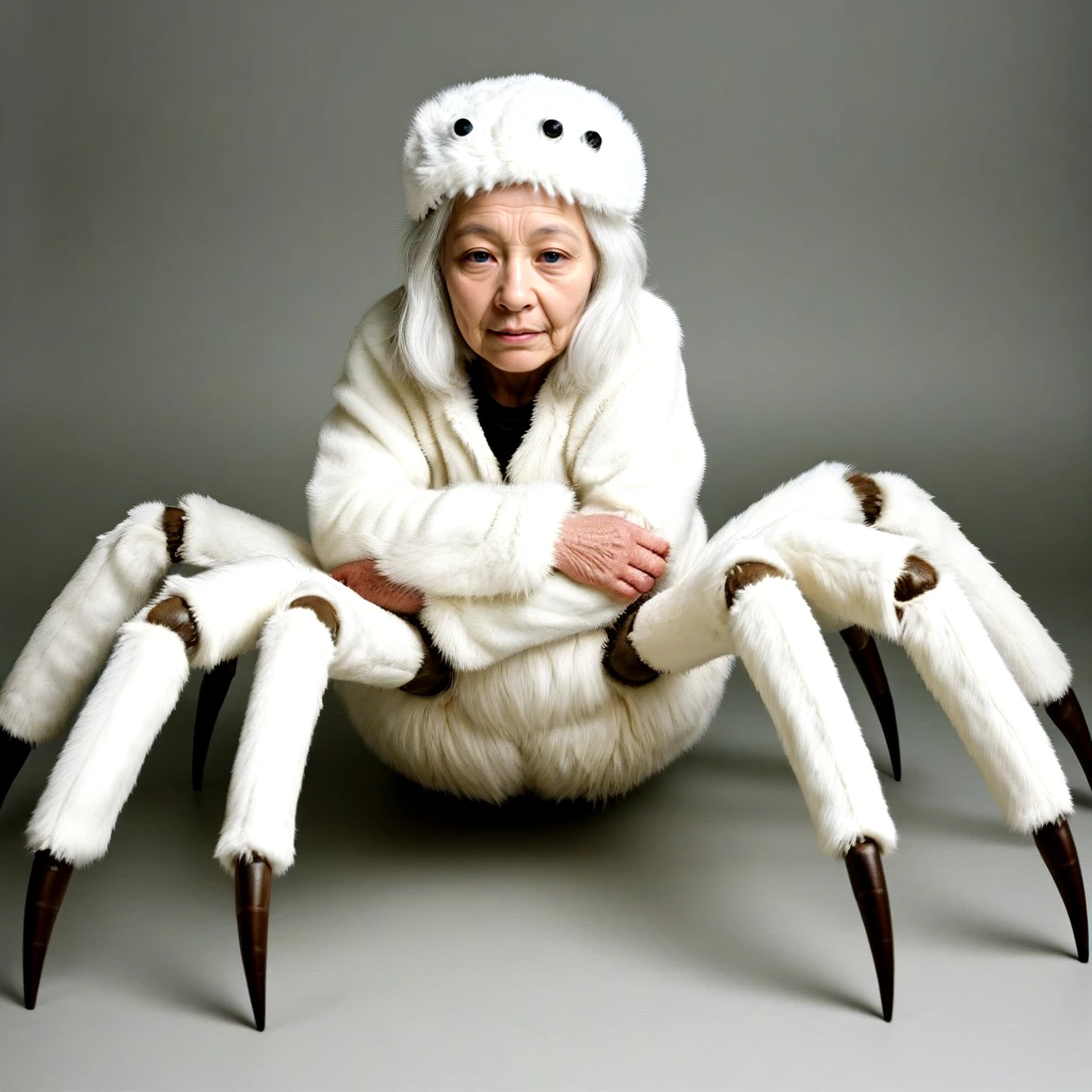 <lora:monster_SDXL:0.5>, 1girl, monster_girl, personification, fur, bone, arthropod_girl, costume, taur, spider_girl, arthropod_limbs, monmusu, extra  eyes oh fur hat, spider web, realistic, old woman, wrinkled skin