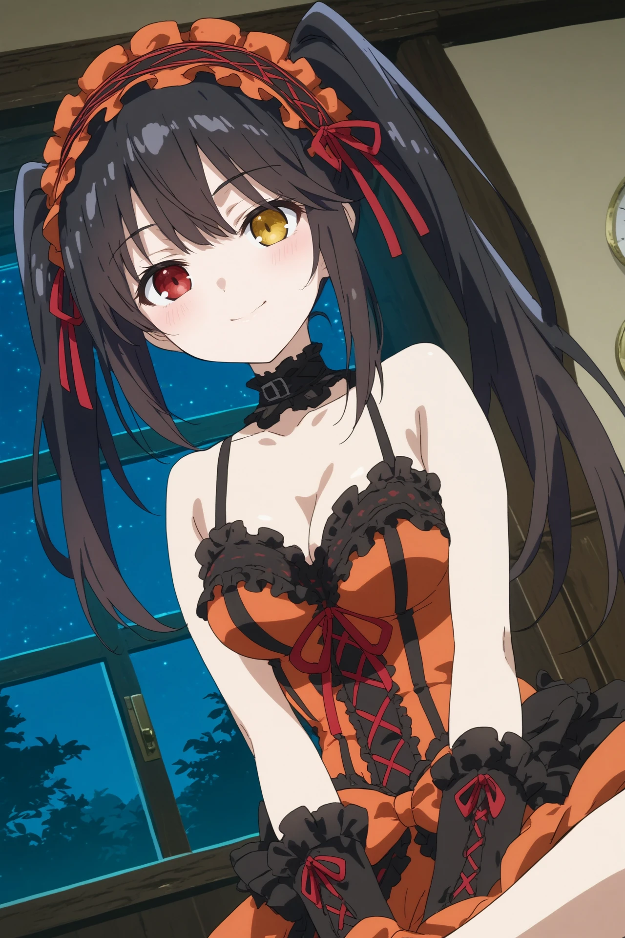 1girl,solo,kurumi tokisaki,long hair,twintails,smile,dress,heterochromia,yellow eyes,looking at viewers,clock eyes ,symbol-shaped pupils,hairband,dress,medium breasts,upper body,dutch angle

<lora:Kurumi_Tokisaki:0.8>