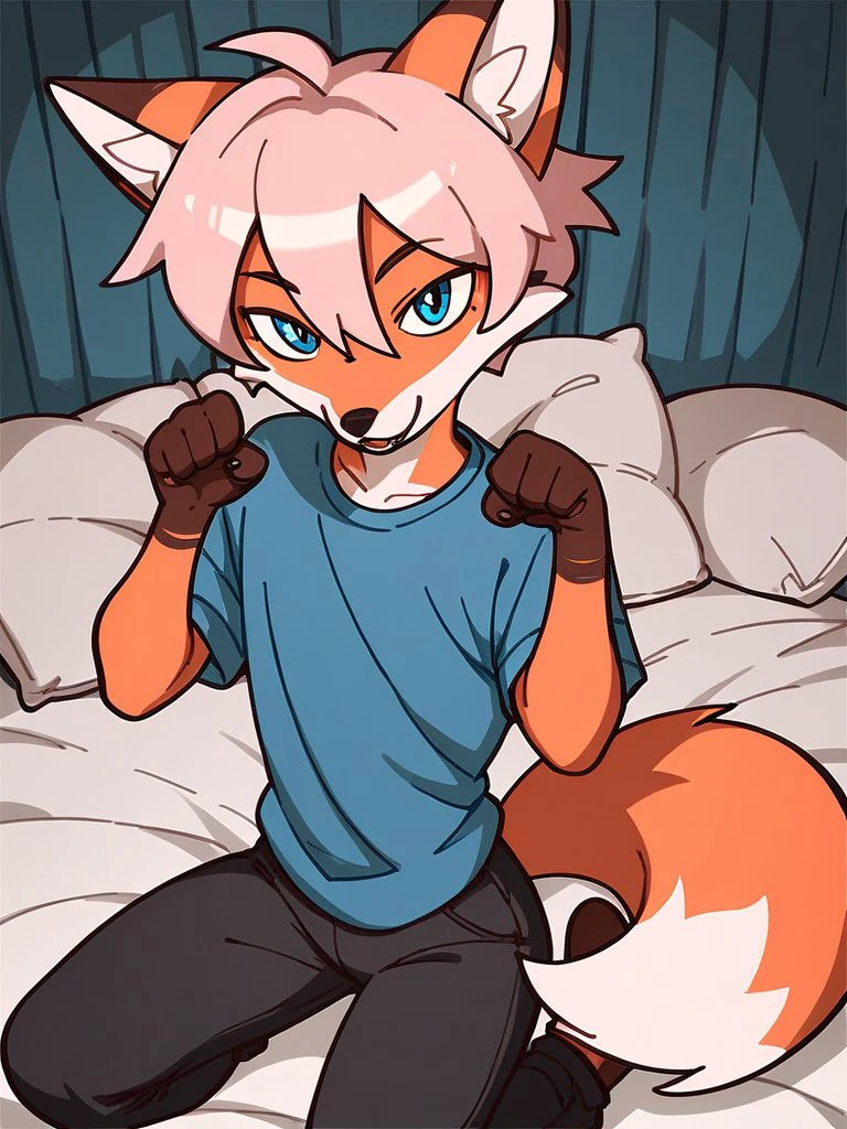 (score_9, score_8_up), score_7_up, score_6_up, score_5_up, score_4_up, 
Kenn, fox, pink hair, blue eyes, blue shirt, black trousers, looking at viewer, bed, kneeling
paw pose,home inside
 <lora:Kenn_XL:0.8>