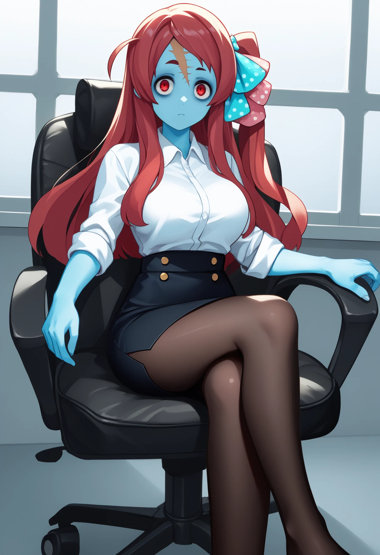 score_9, score_8_up, score_7_up, source_anime, <break> solo, 1girl, skrmnmoto, zombie, blue skin, scar on forehead, expressionless, looking at you, sitting, swivel chair, crossed legs, long hair, red hair, ahoge, one side up, hair bow, polka dot bow, red eyes, white shirt, collared shirt, sleeves rolled up, black skirt, pencil skirt, black pantyhose, large breasts, indoors, office
<segment:yolo-face_yolov8m.pt,0.4,0.5//cid=1>