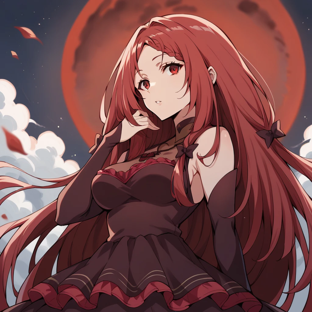 score_9_up, score_8_up, score_7_up, source_anime, 1girl, solo, Elisabeth, moon light, starry sky, night sky, standing, hand in hair, looking at you, parted lips, face focus, upper body, from side, angled shot, red moon, red hair, long hair, red eyes, pantyhose, pleated skirt, layered skirt, frilled skirt, frilled dress, maroon sleeves, dark red sleeves, long sleeves, strap dress, shoulder straps, necklace, covered collarbone, dark red bow, braided bangs, covered breasts, maroon dress, dark red dress, mature body, dynamic cowboy shot, outdoors, sky clouds background