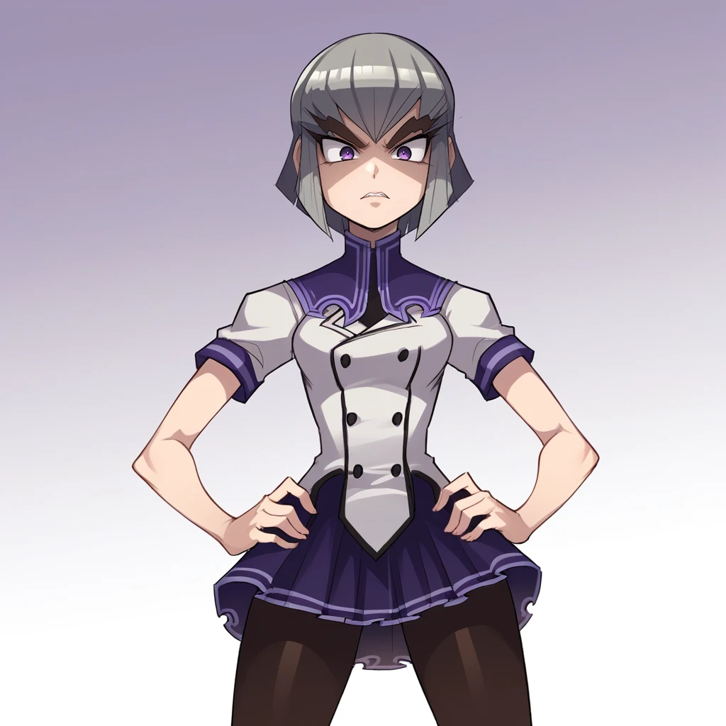 score_9_up, score_8_up, BREAK, Megatron, 1girl, solo, grey hair, short hair, purple eyes, thick eyebrows, school uniform, white shirt, skirt, black pantyhose, cowboy shot, <lora:Megatron_RYUSEI-R_PXL_Leaf3:1>, gradient background, hands on own hips,