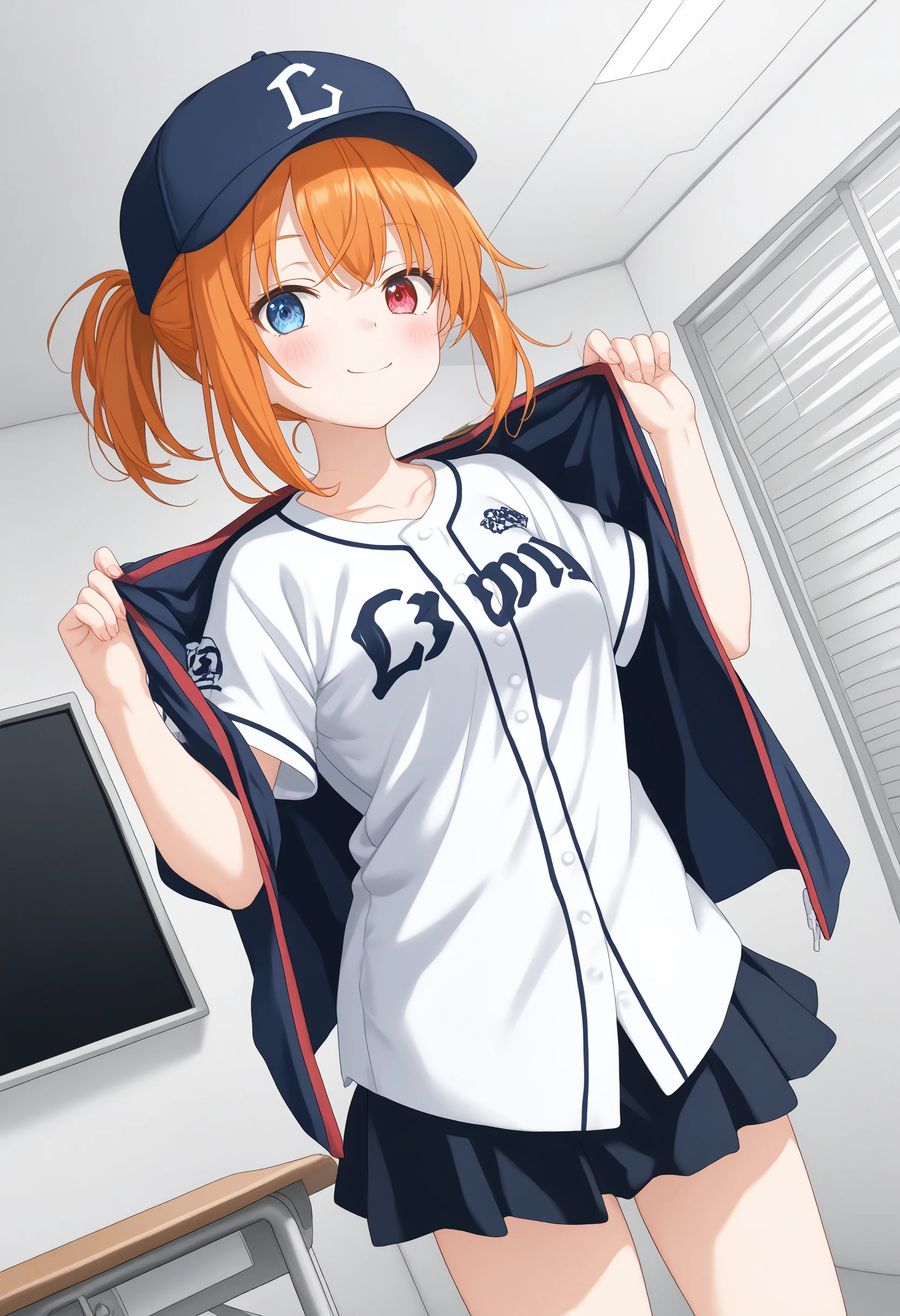 (masterpiece:0.7), (best quality:1.1),
(by sincos:0.5),(by ningen mame:0.5),(by toosaka asagi:0.5),
1girl,solo,medium breasts,
seibu,baseball uniform, clothes writing, short sleeves,black skirt, thighs  ,open jacket, baseball cap, <lora:lions_Pony_v1:0.7>
dutch angle, cinematic angle, looking at viewer, orange hair, heterochromia,crazy smile, music room, closed mouth, short ponytail hair,,