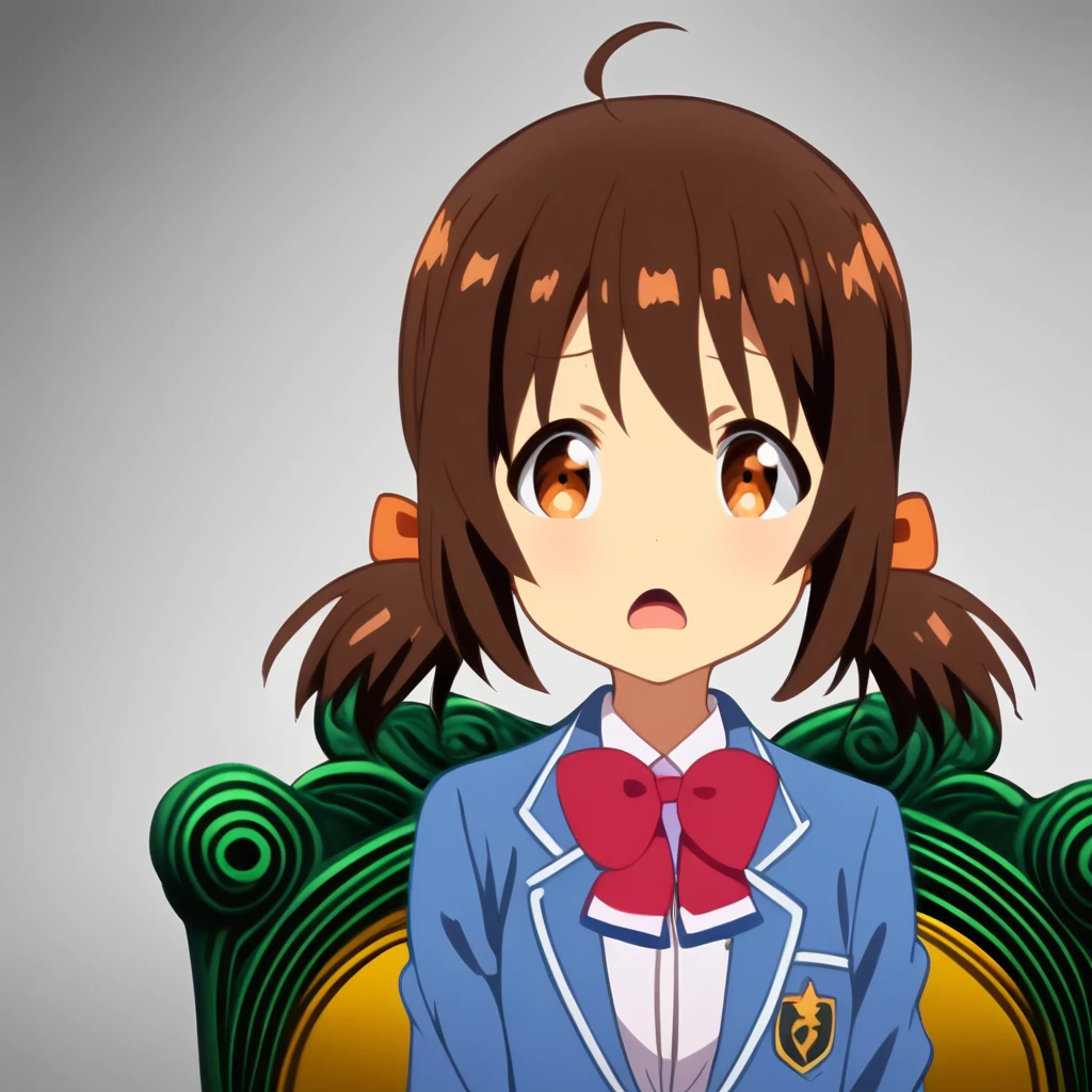 arifureta shokugyou de sekai saikyou, suzu taniguchi, 1girl, brown hair, solo, school uniform,short twintails, brown eyes, ahoge, open mouth, chair, looking at viewer, transparent background, bow, hair ornament, jacket, blazer