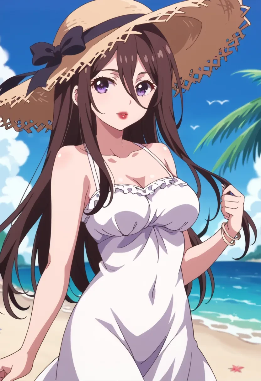 score_9, score_8_up, score_7_up, score_6_up,
source_anime, masterpiece, anime screencap,

1girl, solo,

Nukui Tomomi, lipstick, red lips, long hair, makeup, hair between eyes, purple eyes, brown hair,

summer hat, summer dress, beach, standing