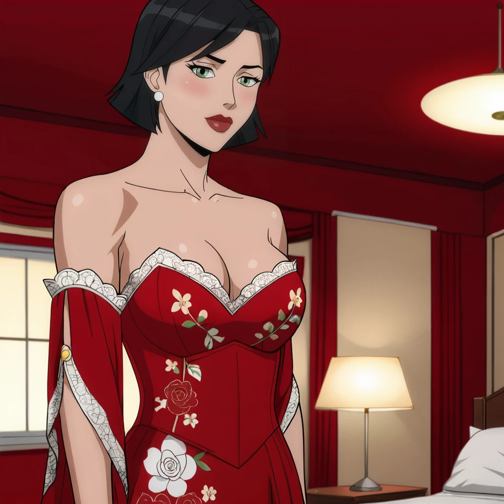 <lora:catwomanlonghalloween_pony_v1:.8>  SelinaKyleLongHalloween, 1girl, large breasts, lipstick, makeup,  short black hair, red lips,  bedroom, cowboy shot,  <lora:1007 Chinese wedding dress_v1_pony:1> ruanyi1007,bare shoulders,detached sleeves,red dress,floral print,strapless dress,