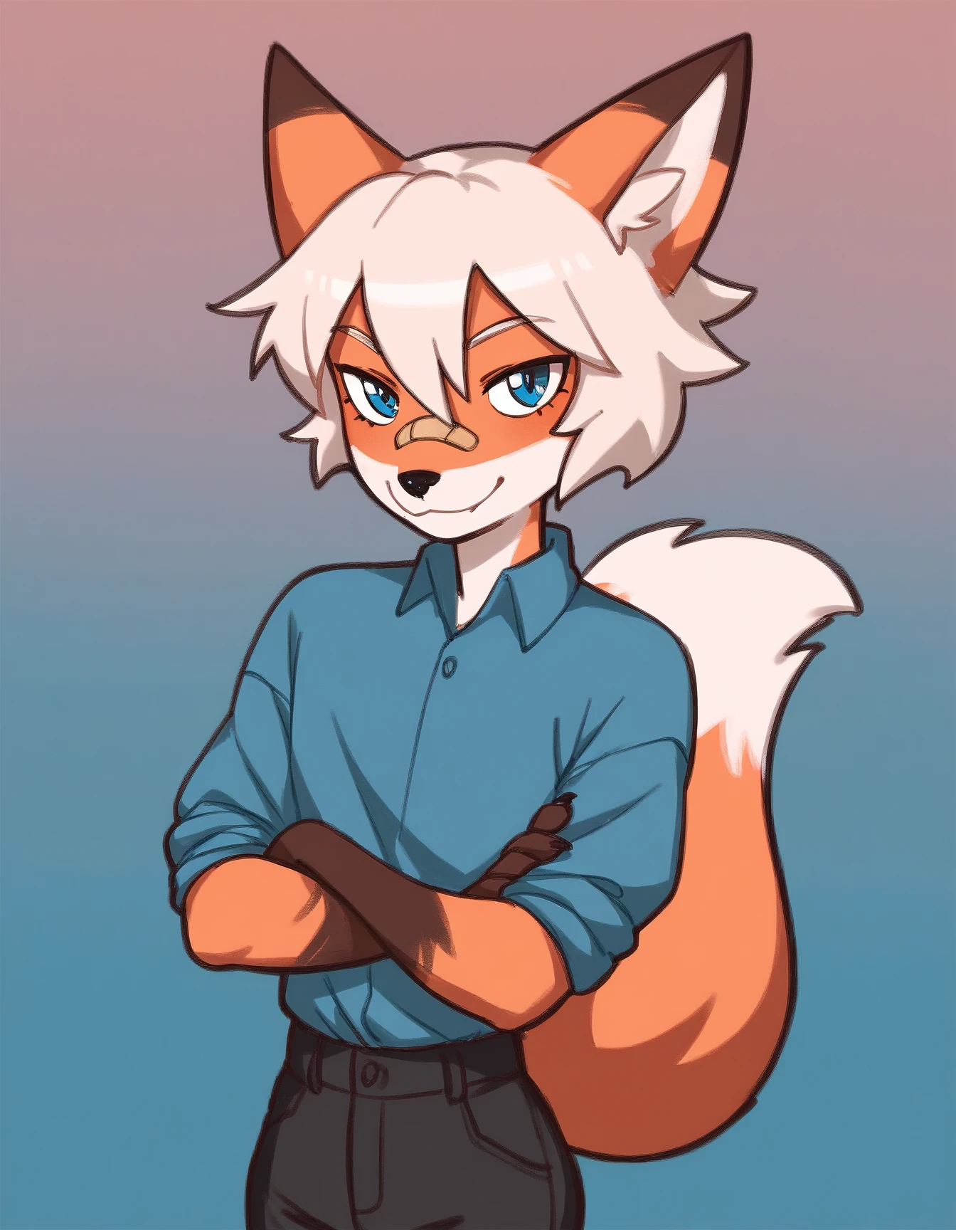 score_9, score_8_up, score_7_up, score_6_up, score_5_up, score_4_up 
Kenn, fox tail, peach hair, blue eyes, black nose, blue shirt, black pants, bandaid on nose, gradient background, looking at viewer, crossed arms , smile,
<lora:Kenn_XL:0.9>