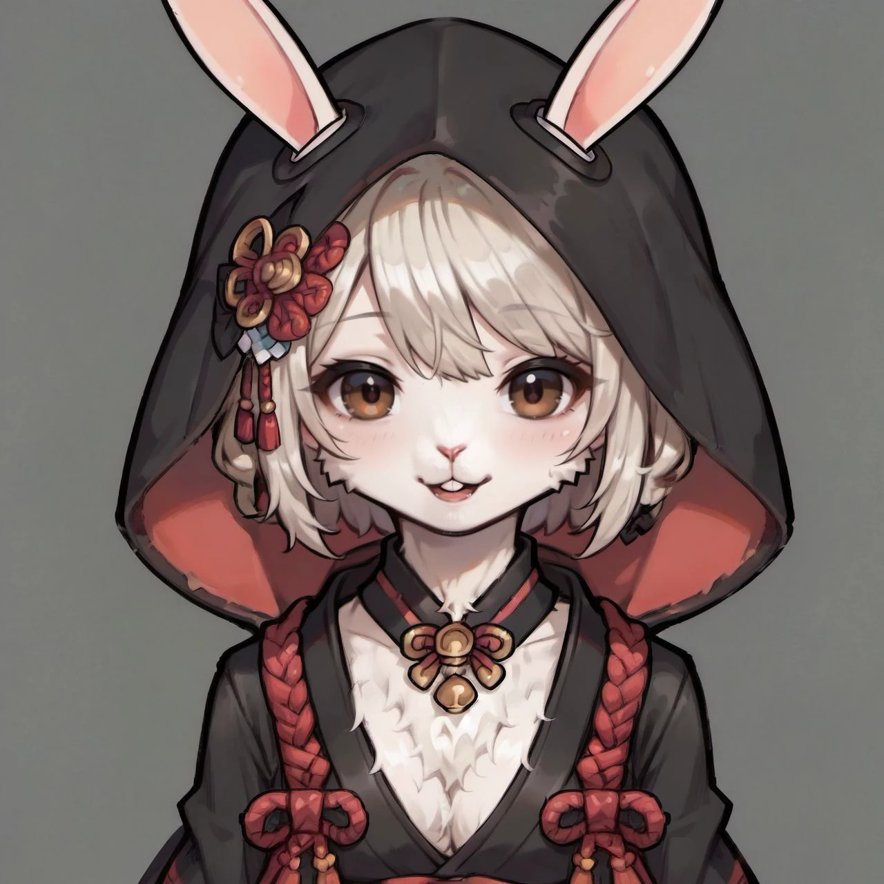 score_9, score_8_up, score_7_up, score_6_up, yuran, rabbit ears, rabbit tail, white fur, body fur,
1girl, solo, hood, animal ears, japanese clothes, black kimono, looking at viewer, hood up, brown eyes, hair ornament,
<lora:ava_choco_yuran_race_v1-000005:0.9>,