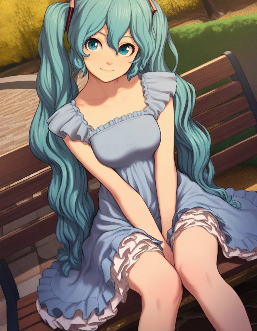 high quality, highres,1girl, sitting on a park bench, dutch angle, (hatsune miku:0.6), wavy hair, head tilt, twintails, medium breasts, frilled dress, hand between legs, 
<lora:butterchalk_style_illustrious01_v3:1>