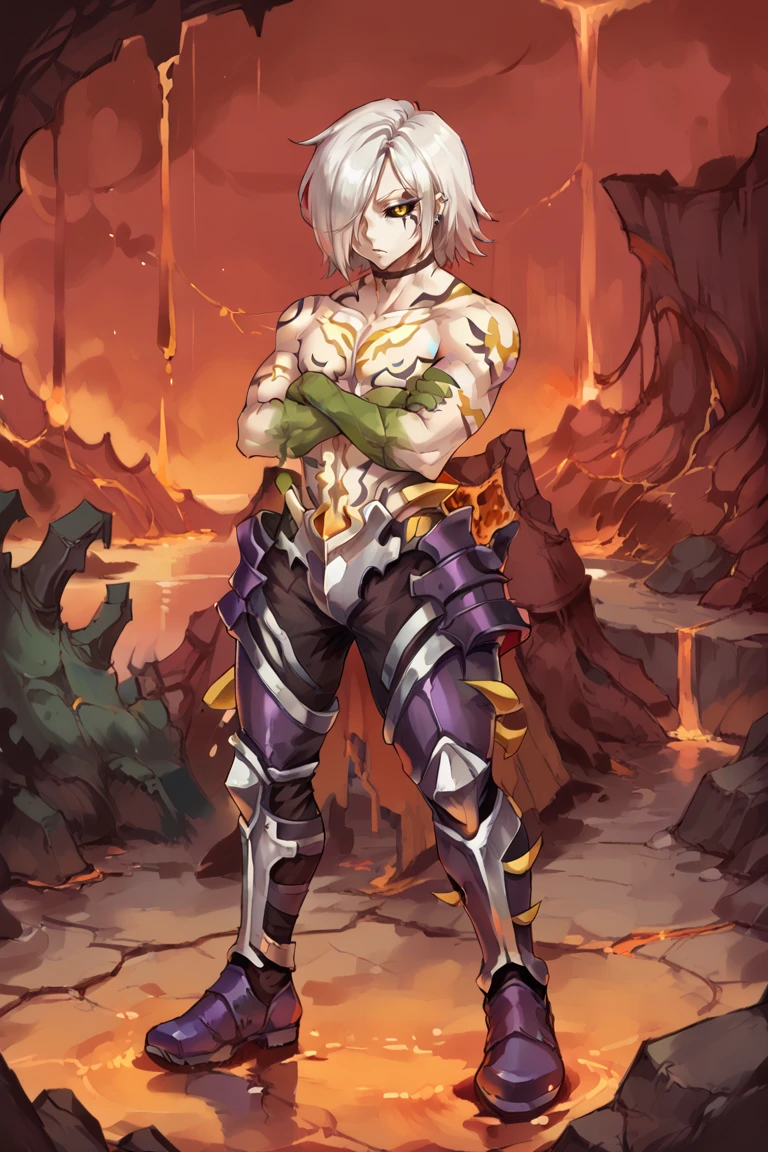 (score_9, score_8_up, score_7_up), source anime,  looking at viewer, <lora:Cardes:0.7> , cadef, 1boy, yellow eyes, black sclera, white hair, medium  hair, hair over one eye, topless male, green hands, oversized limbs, (tattoo), symmetrical tattoos, crotch plate, armored legs, armor, (yellow spikes), purple footwear, full body, crossed arms, adult male,  solo, <lora:Unlight:0.2> , unlight, BREAK
exterior, hell, red sky, lava pits, wasteland,  <lora:backgroundsetXL:0.2> , background,