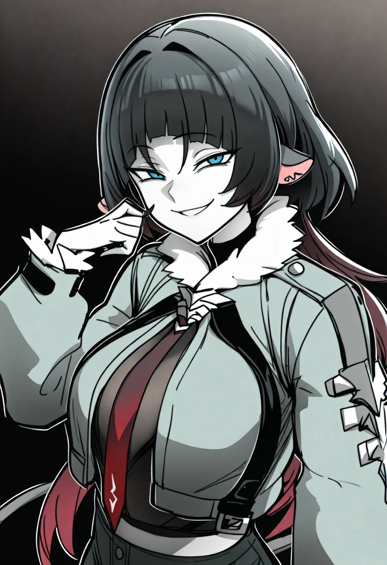 best quality, amazing quality, very aesthetic, absurdres,
monochrome, greyscale, ebiblue, gesugao,
1girl, janedoe, bangs, black hair, blue eyes, black hair, red hair, long hair,
mouse ears, tail,
fur-trimmed jacket, green jacket, high-waist black shorts, long sleeves, red necktie,
upper body, (glowing eyes:0.5), smile, looking at viewer, solo, sketch, black background <lora:EbiblueIllustriousXL_byKonan:1> <lora:JaneDoeIllustriousXL_byKonan:1>