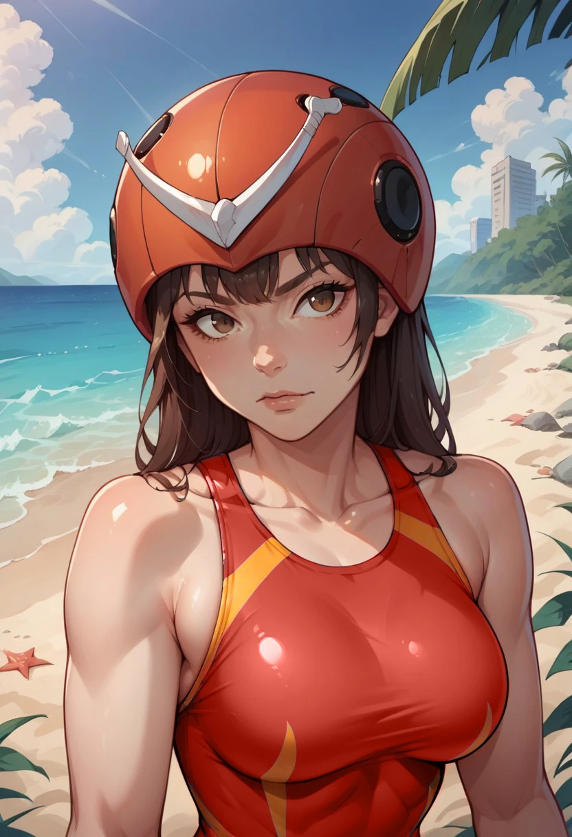 score_9, score_8_up, score_7_up, score_6_up, 1girl, tckl, dark brown hair, bangs, brown eyes, red  yellow competition swimsuit, tckl helmet, beach, solo, source_anime, portrait,