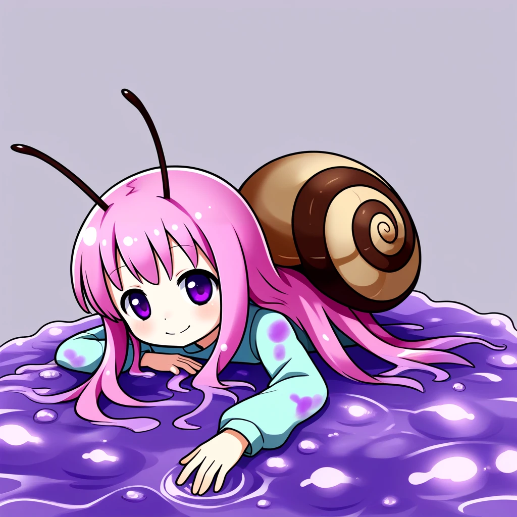 <lora:monster_SDXL:0.5>,snail on her back, solo, long_hair, looking_at_viewer, blush, smile, simple_background, white_background, purple_eyes, pink_hair, lying, food, on_stomach, monster_girl, personification, partially_submerged, minigirl, antennae, arthropod_girl, slime_(substance), slime_girl, snail, honey, monmusu,l ong sleeves