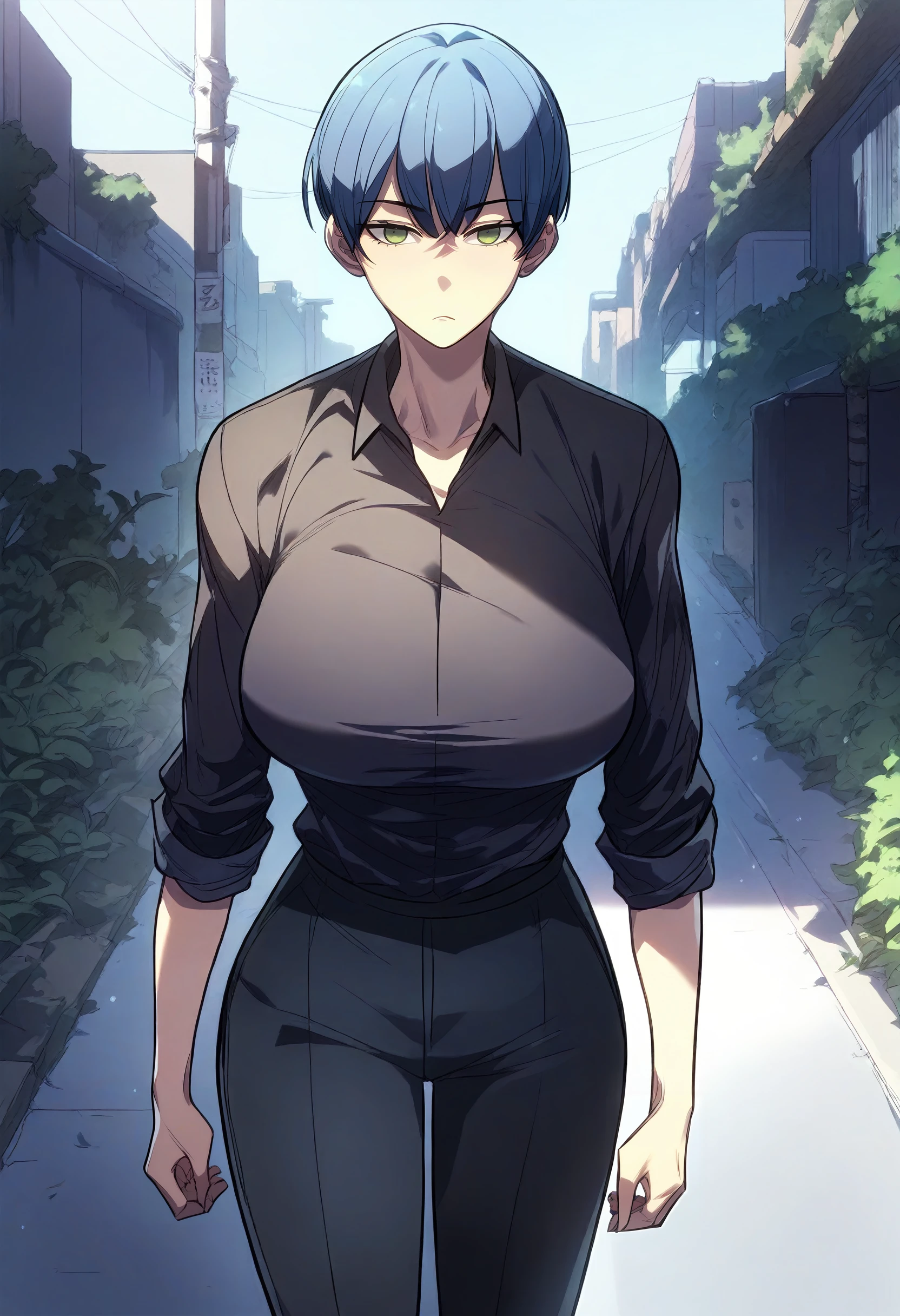 score_9, score_8_up, score_7_up, score_6_up, source_anime, rating_explicit, 1girl, (solo:1.1), huge breasts, <lora:Yoo Ah-yeong prefectPonyxl:1> short hair, green eyes, blue hair, black shirt, collared shirt, sleeves rolled up, black pants, expressionless, street, outdoors, standing, looking at viewer