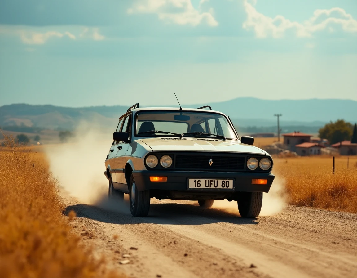 Set on a dusty rural road cutting through the rolling hills of Anatolia, a Renault 12 Toros SW station wagon cruises past, its windows down to let in the cool breeze. The carâs simple yet functional design, with its boxy frame and round headlights, contrasts against the golden wheat fields that stretch out on either side of the road. In the distance, small villages with red-tiled roofs and stone houses are nestled in the hills, with the sound of distant sheep bells filling the air. The sky above is a deep blue, with soft white clouds casting occasional shadows on the landscape. The scene is viewed from a slightly lower angle, emphasizing the robustness of the vehicle as it navigates the uneven dirt path. Dust kicks up from the tires, hinting at the long journey ahead, while the afternoon sun bathes the car in a warm, nostalgic glow. "16 UFU 80" is written on the license plate. There's a driver in the car.
 <lora:uai_R12Toros_v104:1>