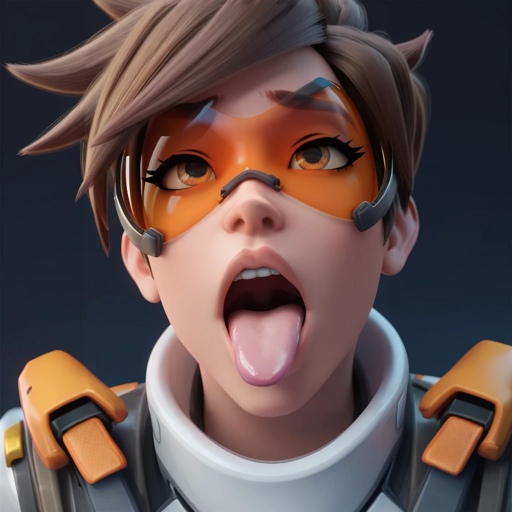 score_9, score_8_up, score_7_up, score_6_up, score_5_up, simple background, black background, realistic,   <lora:Tracer_Overwatch_2_Default:0.8>, 1girl, solo, solo focus, tracow, vambraces, harness, bodysuit, jacket, gloves, goggles, brown hair, BREAK close-up, tongue out, open mouth, ahegao, looking up, portrait, pov