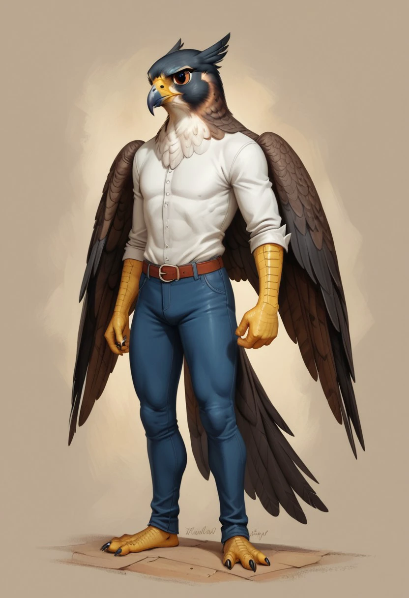 score_9, score_8_up, solo, full body in focus, Anthropomorphic Peregrine Falcon, hybrid animal, a Humanoid Peregrine Falcon hybrid with ((the big head of a Peregrine Falcon)), ((very tall slender fit tight body)), megafeatherypony, feathers, feathery, falcon, anthro, an enlightened birdman, werefalcon, dynamic pose, cowboy shot,