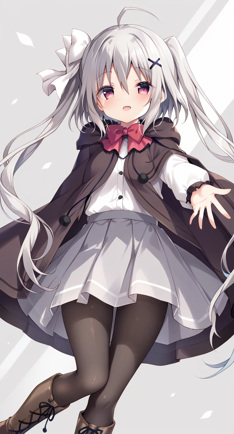 <lora:Neri:0.7>,Neri,cotton balls for clothing,1girl,solo,cloak,x hair ornament,hair between eyes,boots,one side hair bow,black pantyhose,red bow,white shirt,grey hair,twintails,light grey skirt,reaching,