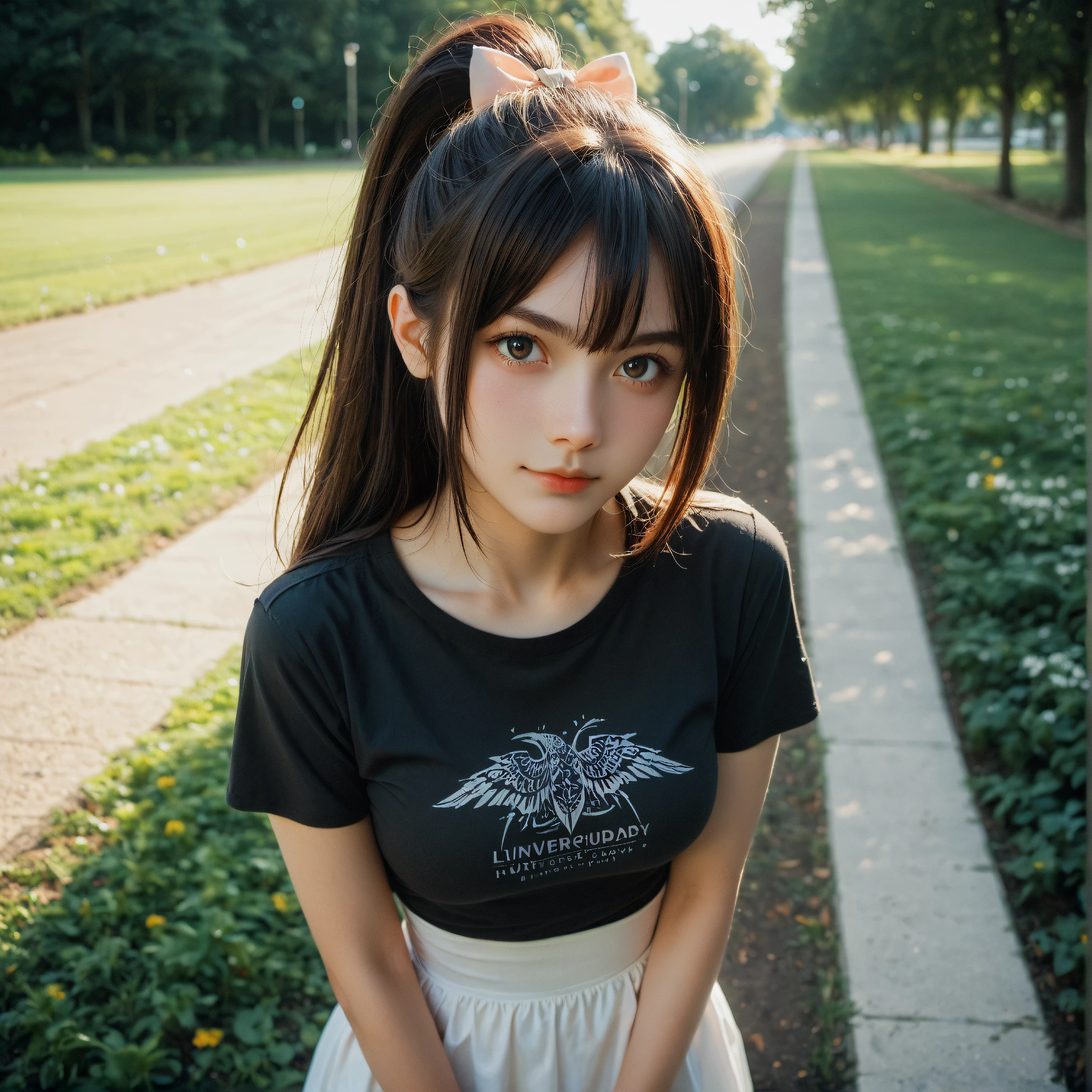 score_9,score_8_up,score_7_up,medium_full_shot,slightly_above,looking_at_viewer,pov,
1girl,prefect_face,(smirk:0.9),(cuddling),standing,head_tilted,medium_breasts,narrow_waist,hair_bow,high_ponytail,pink_micro_miniskirt,short_t-shirt,white_thighhighs,shy,park,lawn,riverside,summerday,
unique_pose,unique_perspective,wide_view,expressiveh,volumetric_lighting,vivid_colours,rembrandt_lighting,blurry_background,depth_of_field,high_contrast,dramatic_shadows,dramatic_lighting,highly_detailed,high_contrast,film_grain,