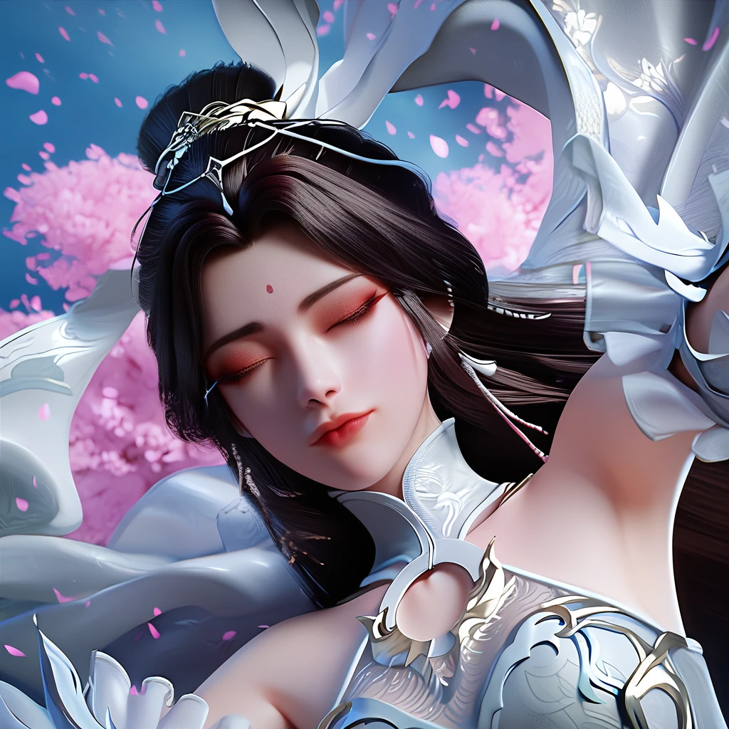 <lora:ponyyuechan1v:1>,score_9,score_8,score_7_up,yuechan,closed eyes,white chinese clothes,gold detailing,collar,white arm bands,white wrist support,falling petals,upper body,