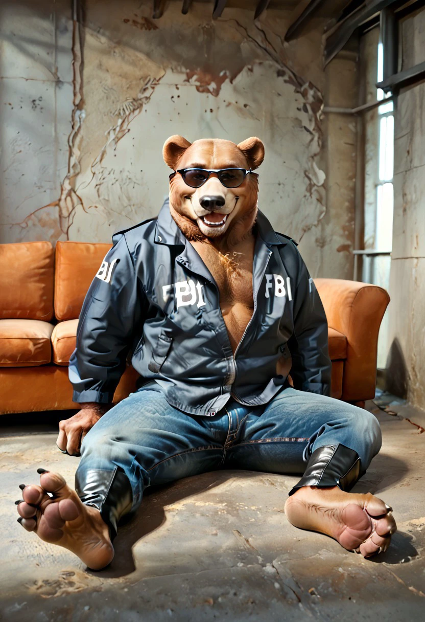 score_9, (Furry), (Grizzly Bear), male, chubby, fat, chest hair, evil grin, facial hair, (((toeless boots))), ((nice feet paws with claws)), FBI_outfit, blue FBI jacket,
fur coat, jeans, bulge, big belt, brown belt, black boots, black sunglasses, 
sitting down, 
red couch, concrete room,
ray tracing, photo realistic, good shadows, Zaush, Meesh, solo focus,