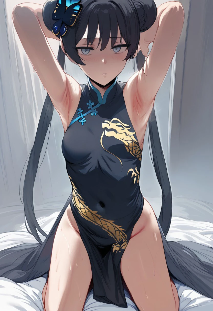 2D, HD, Detailed details, Detailed landscapes, beautiful lights, Beautiful Shadows, top-quality, Highly detailed, masterpiece, best quality, solo, 1girl, kisaki \(blue archive\), elbow gloves, twintails, white legwear, sitting, embarrassed, child, small breasts, looking at viewer, looking at the viewer, anime-styled, close mouth, hews, expressionless, full body, on bed