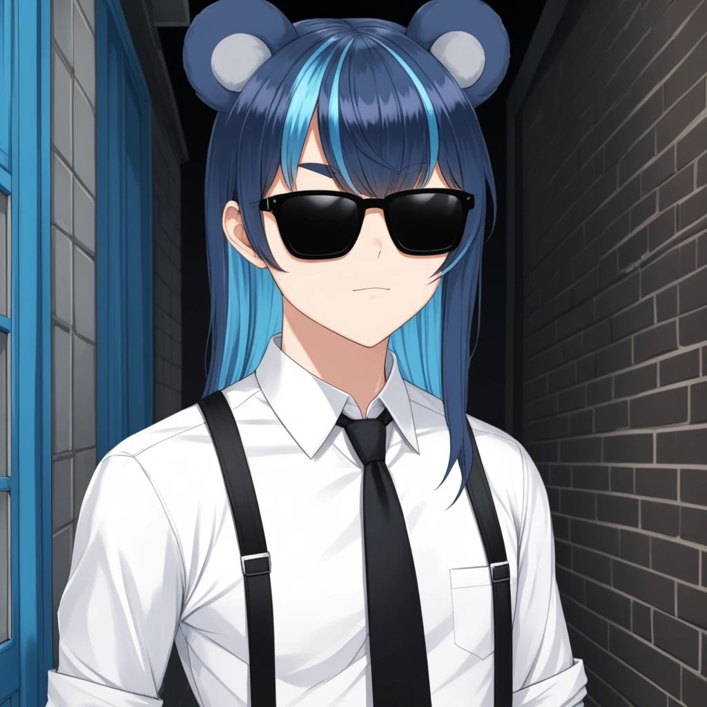 uruka, alternative outfit, bear ears, long blue hair, streaked hair, bangs, virtual youtuber,
dark alley, collared white shirt, black suspenders, blue and black tie, black shades,
 <lora:URUKA-XLv2-t1:0.6>