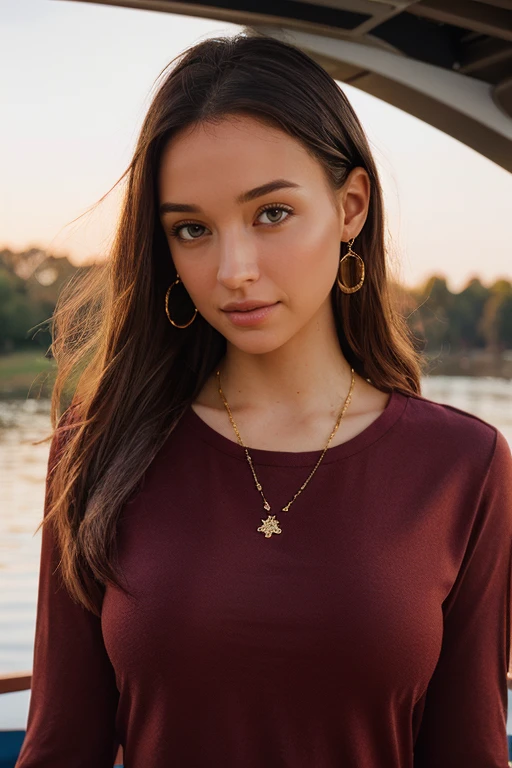 Maroon cotton long sleeve top with a boat neck and ruching details A breathtaking glamour photo:1.3 of a beautiful woman, <lora:MadiJones:1> 1girl, solo, brown eyes, brown hair, long hair, upper body shot, looking at viewer, outdoors, serene setting,  <lora:last_tushy_pose:1> tushy_pose, detailed skin texture, (blush:0.5), (goosebumps:0.5), subsurface scattering, Photorealistic, Hyperrealistic, Hyperdetailed, analog style, soft lighting, subsurface scattering, realistic, heavy shadow, masterpiece, best quality, ultra realistic, 8k, golden ratio, Intricate, High Detail, film photography, soft focus, masterpiece, award-winning, professional, highly detailed