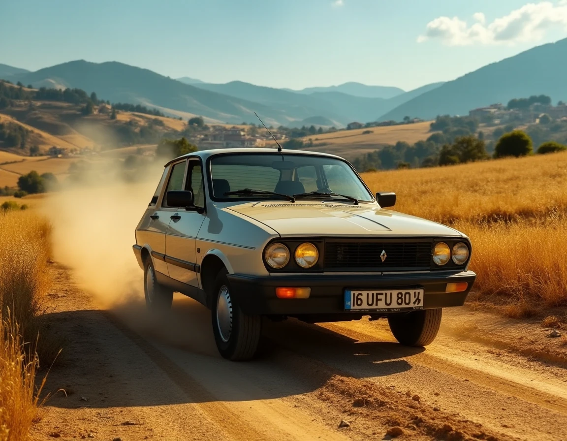 Set on a dusty rural road cutting through the rolling hills of Anatolia, a Renault 12 Toros cruises past, its windows down to let in the cool breeze. The carâs simple yet functional design, with its boxy frame and round headlights, contrasts against the golden wheat fields that stretch out on either side of the road. In the distance, small villages with red-tiled roofs and stone houses are nestled in the hills, with the sound of distant sheep bells filling the air. The sky above is a deep blue, with soft white clouds casting occasional shadows on the landscape. The scene is viewed from a slightly lower angle, emphasizing the robustness of the vehicle as it navigates the uneven dirt path. Dust kicks up from the tires, hinting at the long journey ahead, while the afternoon sun bathes the car in a warm, nostalgic glow. "16 UFU 80" is written on the license plate.
 <lora:uai_R12Toros_v104:1>