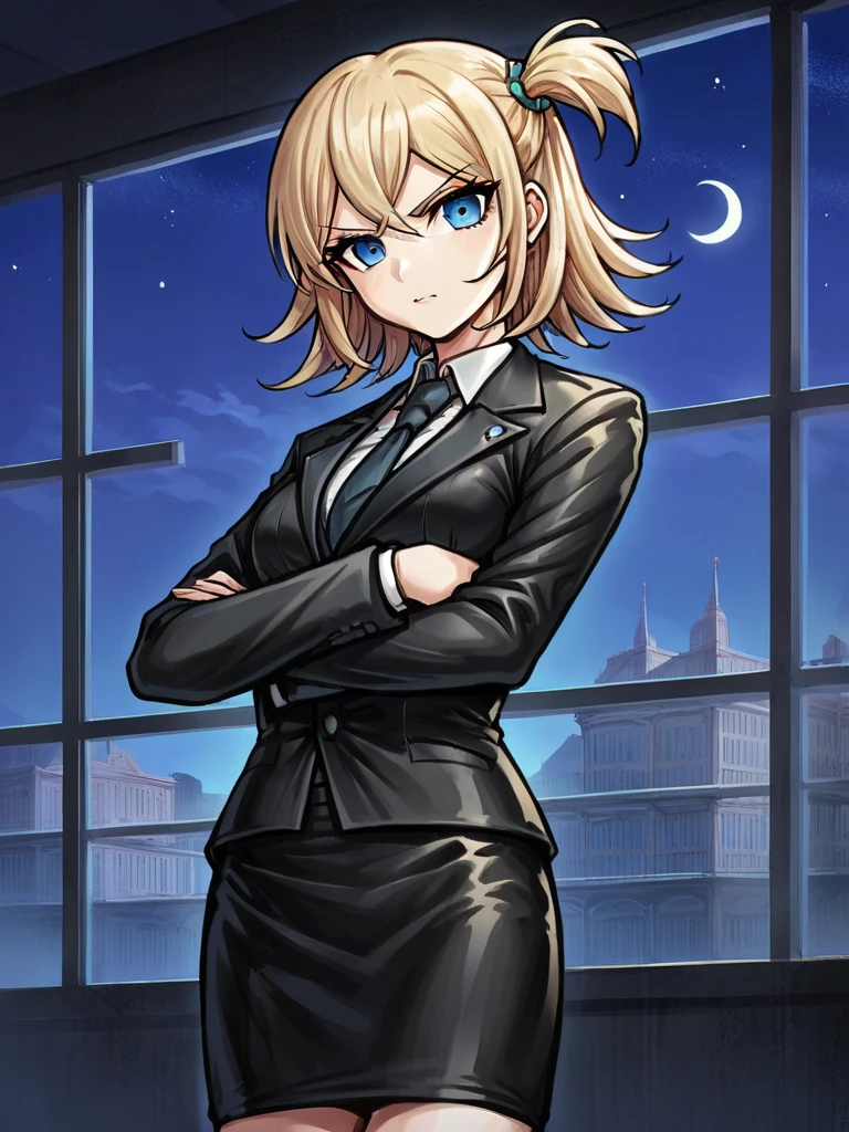 score_9, score_8_up, score_7_up, 
1girl, night, window, blonde hair, medium hair, blue eyes, one side up, formal, black jacket, necktie, tight skirt, crossed arms, serious, looking at viewer,