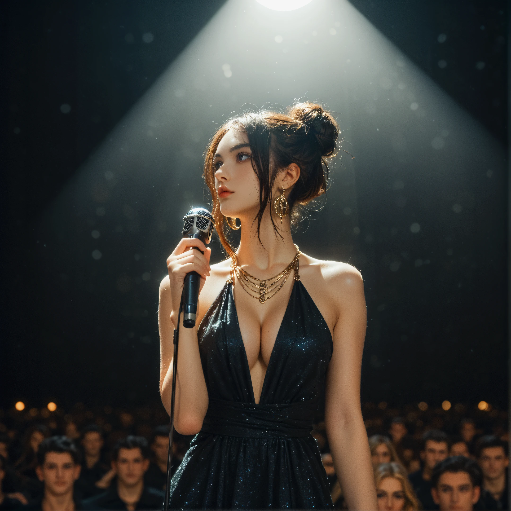 score_9,score_8_up,score_7_up,straight_below,front_side_view,looking_away,face_focus,upper_body,
1girl,standing_on_the_stage,singer,holding_the_microphone,perfect_face,black_halter_evening_dress,gorgeous_clothes,inlaid_with_jewels,jewelry,earrings,necklace,glowing,theater,audience,in_the_middle_of_the_stage,spotlight_light,face_lighting,hair_bun,wave_hair,gold_hair,gigantic_breasts,cleavage,slim,
unique_pose,unique_perspective,wide_view,expressiveh,volumetric_lighting,vivid_colours,rembrandt_lighting,blurry_background,depth_of_field,high_contrast,dramatic_shadows,dramatic_lighting,highly_detailed,high_contrast,film_grain,