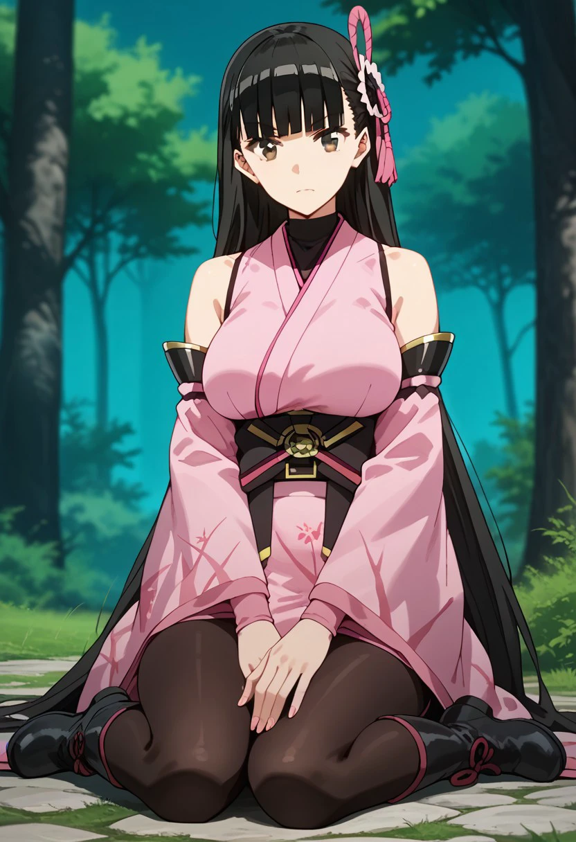 score_9,score_8_up,score_7_up,source_anime, Kasumi,1girl,solo,breasts,looking at viewer,large breasts,skirt,hair ornament,closed mouth,bare shoulders,sitting,full body,pantyhose,boots,detached sleeves,japanese clothes,blunt bangs,wide sleeves,kimono,black eyes,tree,yokozuwari,pink kimono,pink sleeves,