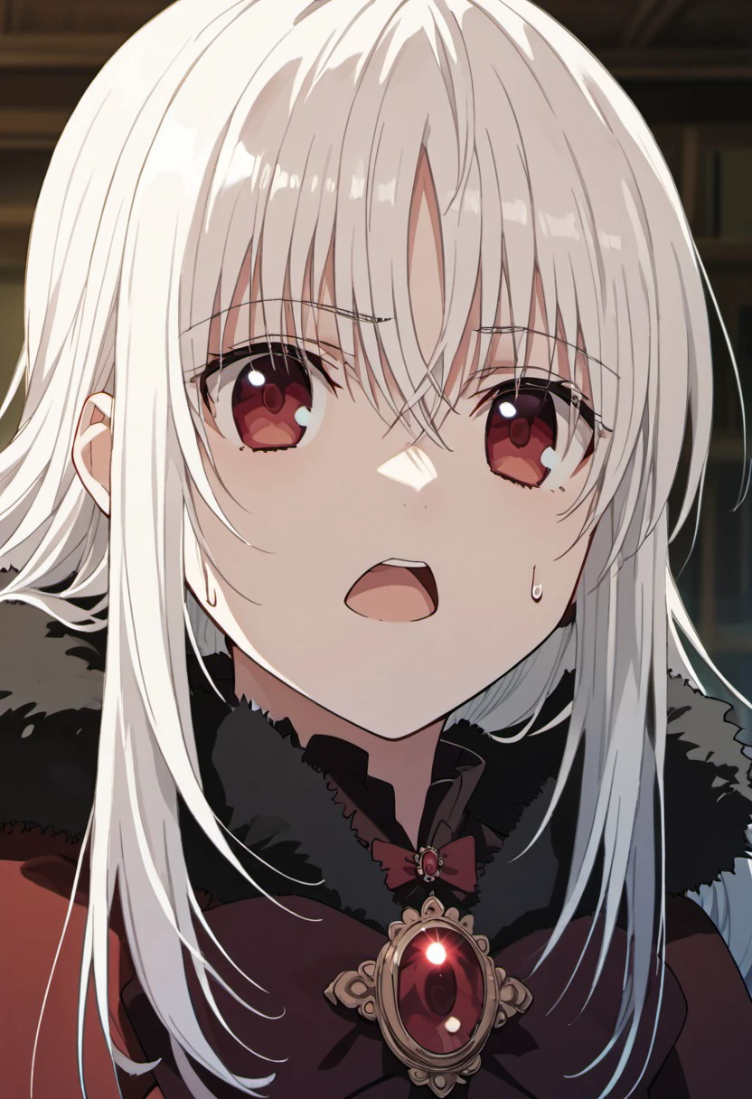 score_9, score_8_up, score_7_up, source_anime,kushina anna, white hair, long hair, red eyes, 1girl, solo, open mouth, sweatdrop, fur trim, hair between eyes