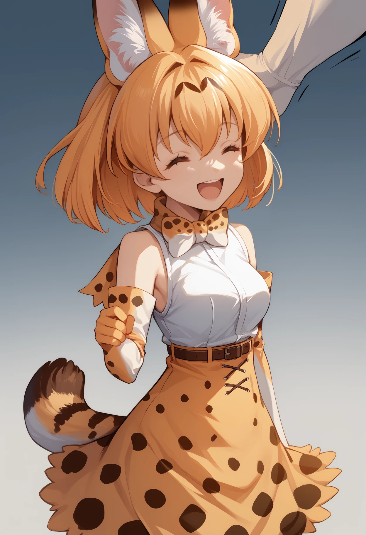 score_9, score_8_up, score_7_up, source_anime, <break> upper body, headpat, pov hands, solo focus, 1girl, kfs3rval, cat tail, striped tail, happy, open mouth, short hair, blonde hair, animal ears, animal ear fluff, extra ears, closed eyes, serval print, white shirt, sleeveless shirt, orange bow, print bow, orange gloves, elbow gloves, print gloves, high-waist skirt, print skirt, belt
<segment:yolo-face_yolov8m.pt,0.4,0.5//cid=1>