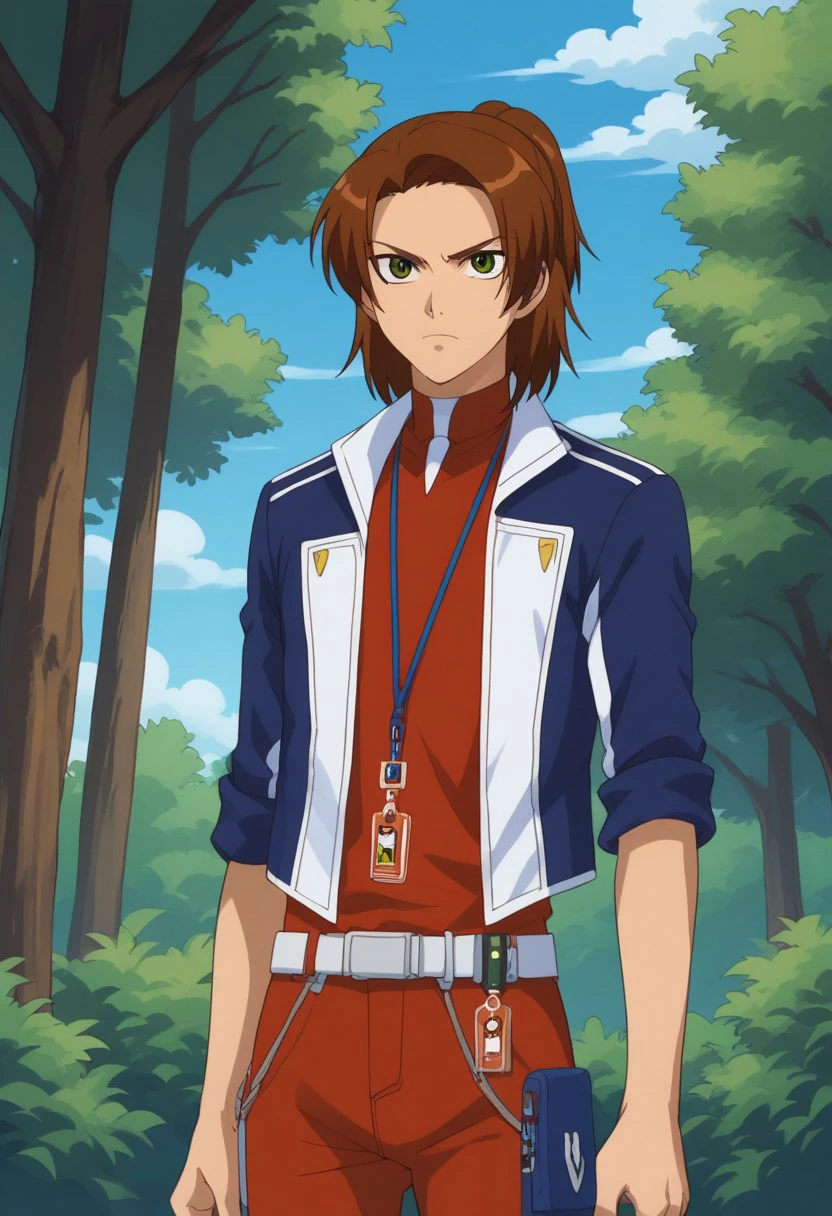 score_9, score_8_up, score_7_up, source_anime, highly detailed,
masaru, boy, male focus, solo, brown hair, ponytail, green eyes, uniform, shirt, orange shirt, jacket, cropped jacket, blue jacket, open jacket, open clothes, sleeves rolled up, belt, pants, orange pants, jewelry, id card, frown
outdoot, sky, cloud, tree
