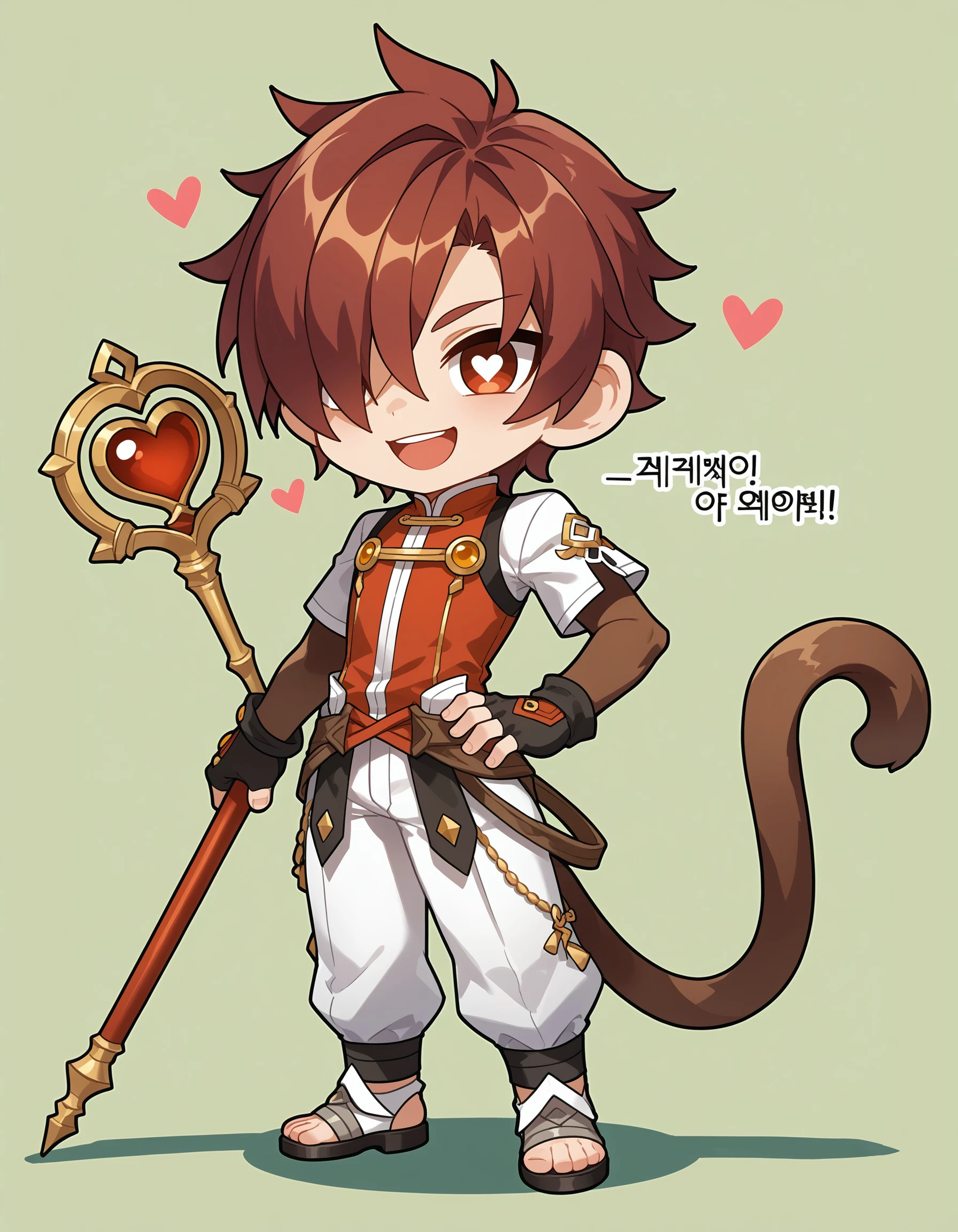 (masterpiece), best quality, expressive eyes, perfect face, elsword, chibi, monkey, open mouth, fingerless gloves, smile, gloves, full body, pants, hair over one eye, black gloves, heart, staff, korean text, white pants, monkey tail, <lora:51a04244-d159-484b-ab1b-893490cfde2b:0.7>