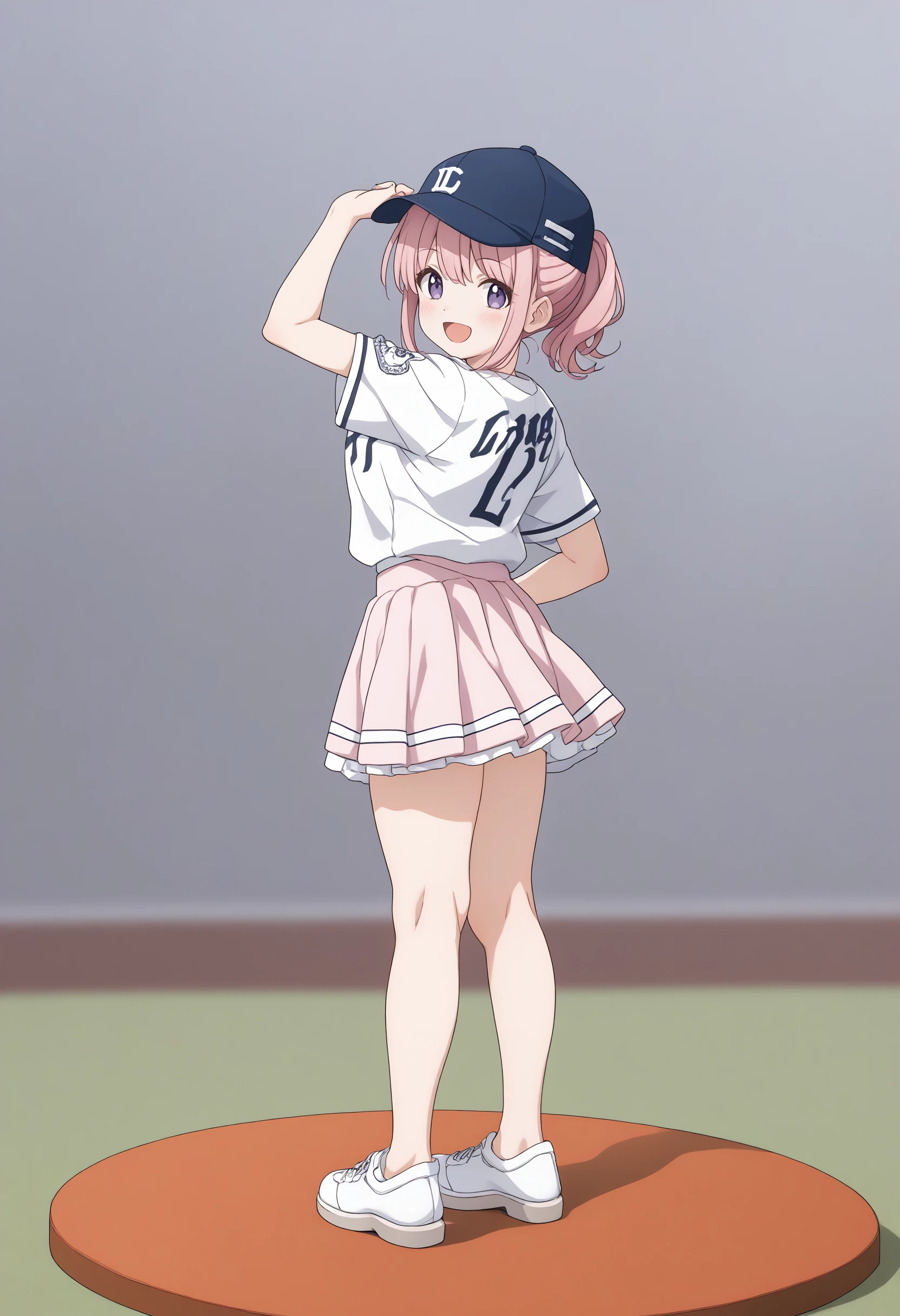 (masterpiece:0.7), (best quality:1.1),
(by sincos:0.5),(by ningen mame:0.5),(by toosaka asagi:0.5),
1girl,solo,medium breasts,
seibu,baseball uniform, clothes writing, short sleeves,pink skirt, thighs  ,open jacket, baseball cap, <lora:lions_Pony_v1:0.7>
from behind, full body, looking at viewer, pink hair, purple eyes,smile, circus, open mouth, short ponytail hair,,