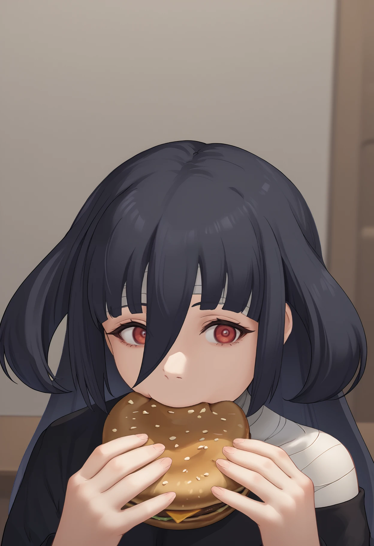 score_9, score_8_up, score_7_up, source_anime, <break> jermaWhopper, eating, burger, upper body, solo, 1girl, yamada tae, looking at you, black hair, red eyes, black dress, off shoulder, waist ribbon, white ribbon, long sleeves, bandages, bandaged head, bandaged neck, indoors
<segment:yolo-face_yolov8m.pt,0.4,0.5//cid=1>