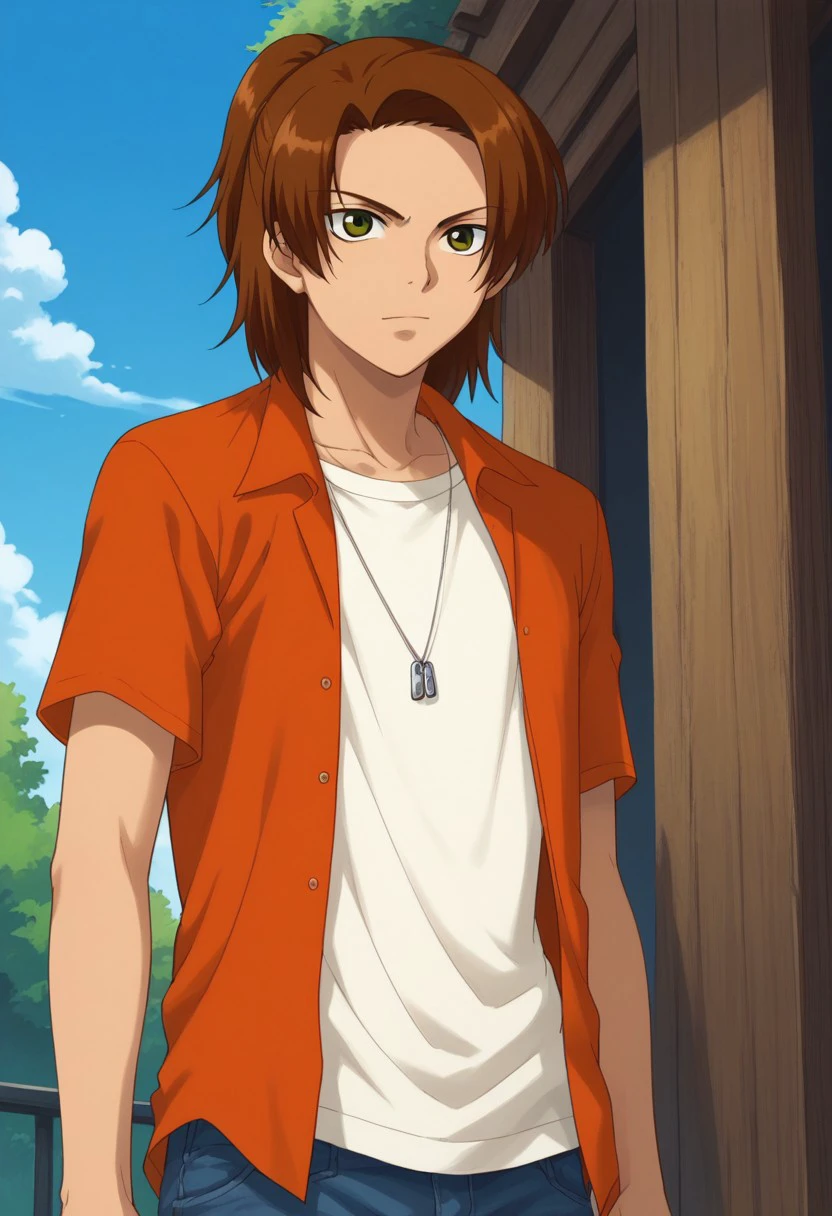 score_9, score_8_up, score_7_up, source_anime, highly detailed,
masaru, 1boy, male focus, solo, brown hair, ponytail, green eyes, t-shirt, white t-shirt, orange shirt, open shirt, open clothes, short sleeves, pants, jeans, denim, jewelry, dog tags, upper body,
outdoot, sky, cloud, tree