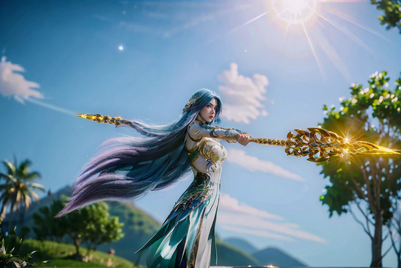 1girl,solo,very long hair,blue hair,gradient hair,hair ornament,dress,pantyhose,weapon,polearm,spear,(glowing gunblade),standing,holding spear,weapon focus,spear focus,gunblade focus,from below,from side,blurry,outdoors,(sunset),sky,((glowing)),((sparkle)),((shiny)),(scenery),Highly detailed,(ultra-detailed),(best quality,masterpiece:1.5),<lora:20240929-1727556316199:0.8>,