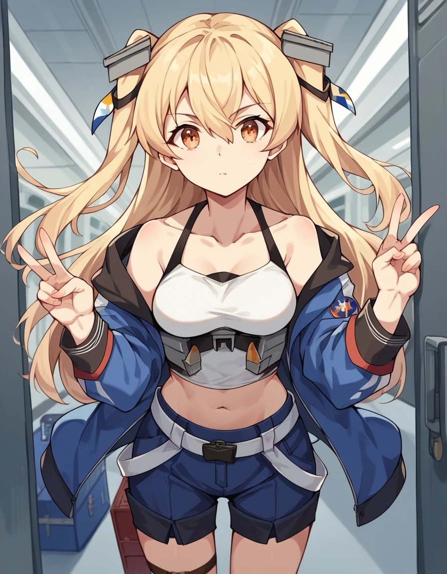 score_9, score_8_up, score_7_up, source_anime, <lora:kancolle-johnston-ponyxl-lora-nochekaiser_r1:1>, johnston, johnston (kancolle), blonde hair, hair between eyes, hair ornament, long hair, medium breasts, orange eyes, two side up, tank top, white tank top, belt, collarbone, gloves, jacket, leg belt, midriff, navel, single glove, stomach, white belt, blue jacket, zebra print, airport, waiting area, suitcase, flight delayed, passengers, reading book, , looking at viewer, v, v over eyes,, solo,, cowboy shot, dutch angle