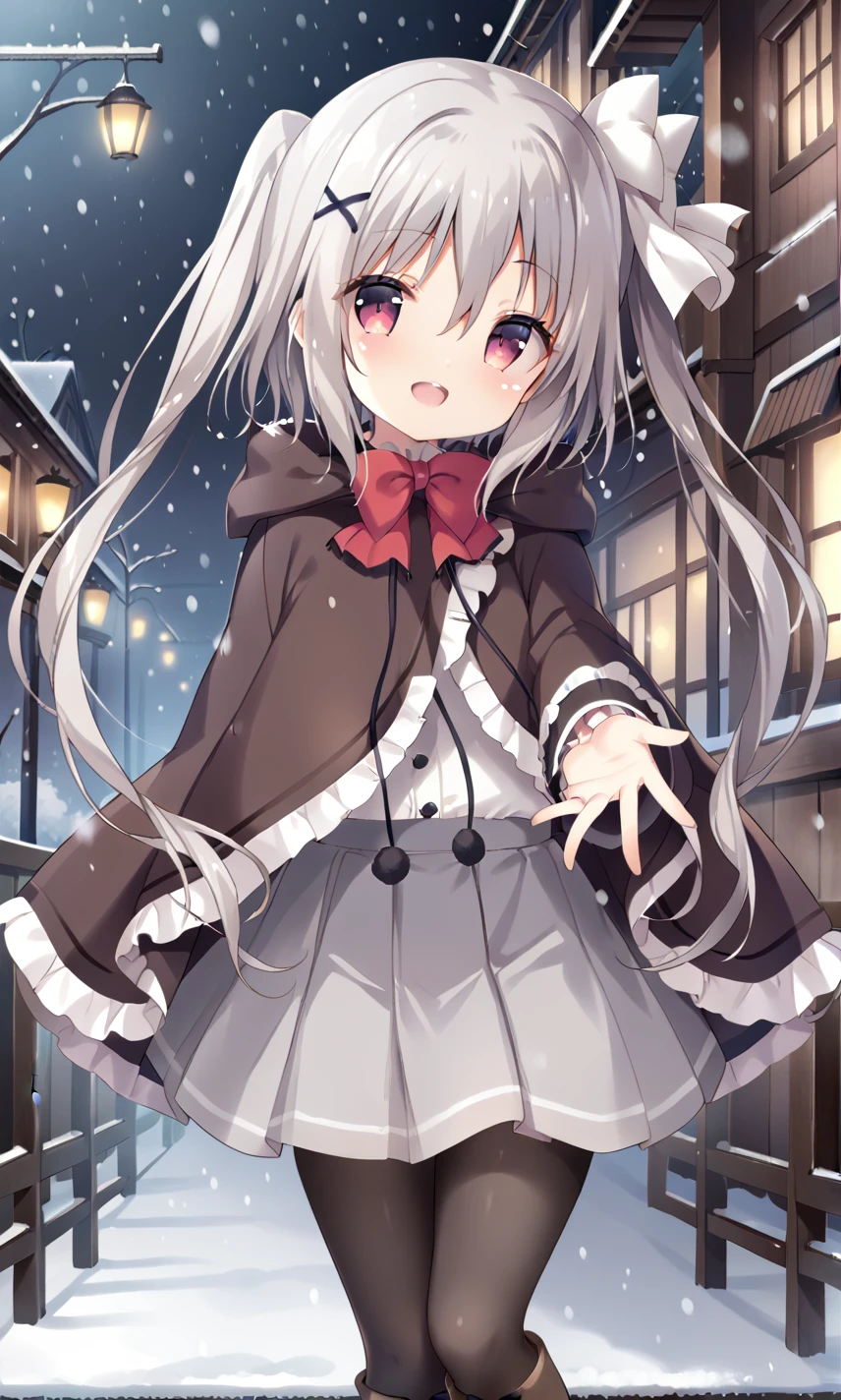 <lora:Neri:0.7>,Neri,cotton balls for clothing,1girl,solo,cloak,x hair ornament,hair between eyes,boots,one side hair bow,black pantyhose,looking at viewer,red bow,white shirt,grey hair,twintails,light grey skirt,open mouth,standing,snowing,outdoors,head tilt,(reaching:1.2),arms_behind_back,