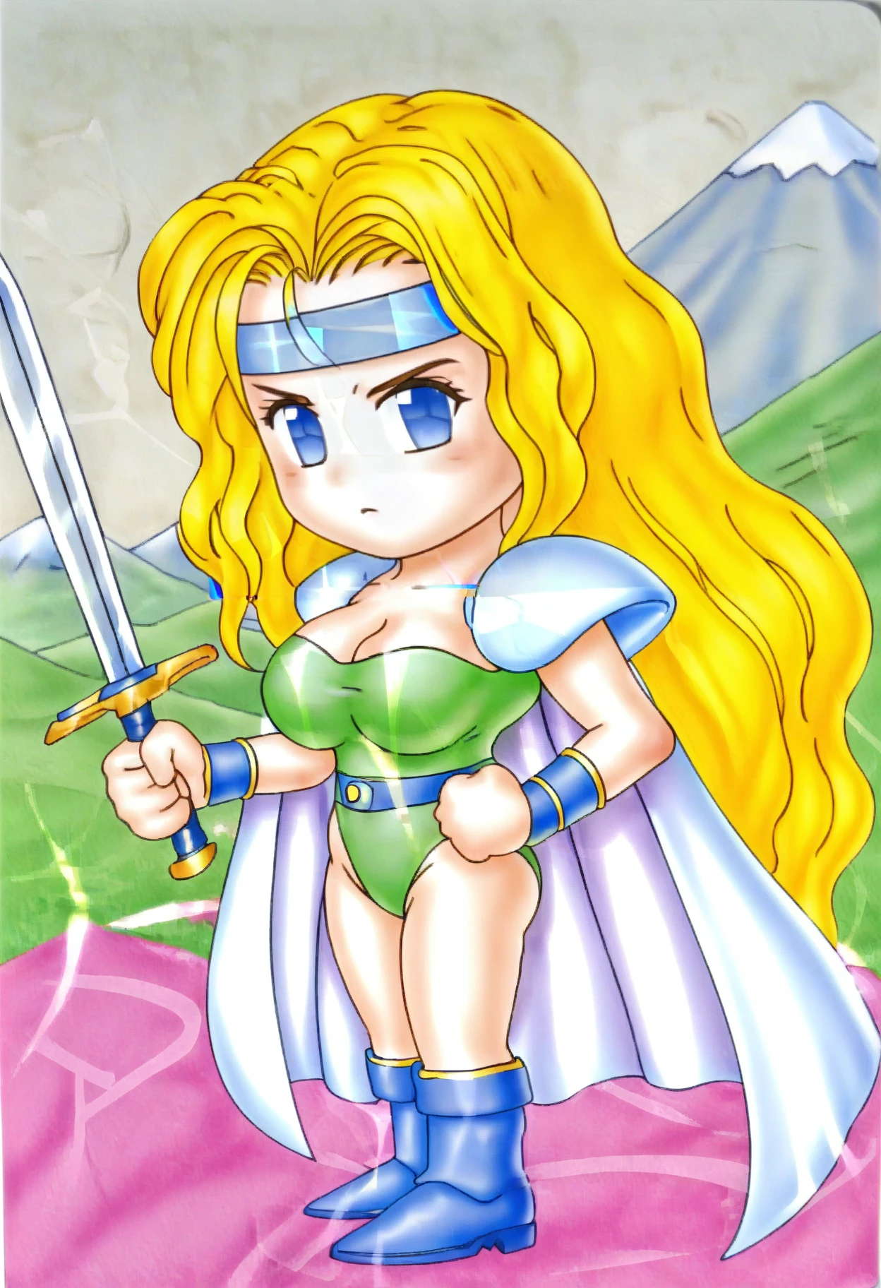 (no nose:1.2),  <lora:celes_pony1.2:1>celes, chibi, serious, 
1girl, blonde hair, blue eyes, very long hair, large breasts, blue headband, 
white shoulder armor,green strapless leotard, blue wristband, belt, blue boots, white cape, holding sword,
BREAK outdoors, mountain, fighting stance,