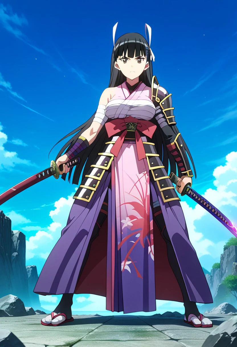 score_9,score_8_up,score_7_up,source_anime, Kasumi,1girl,solo,breasts,looking at viewer,holding,standing,weapon,sky,japanese clothes,cloud,sword,holding weapon,armor,glowing,holding sword,bandages,parody,katana,shoulder armor,dual wielding,sarashi,tabi,japanese armor,samurai,