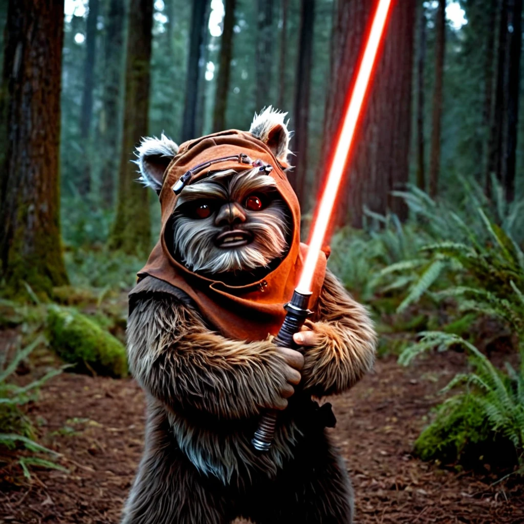 cinematic film still of  <lora:Ewok:1>
Ewok a painting of a Ewok bear with a glowilight saber, detailed, sharp, cinematic, small, furry, mammaloid, bipeds in the Star Wars universe, solo, red eyes, holding, animal ears, male focus, weapon, outdoors, teeth, artist name, hood, sword, holding weapon, tree, facial hair, glowing, holding sword, nature, beard, glowing eyes, hood up, forest, furry male, energy sword, lightsaber
, shallow depth of field, vignette, highly detailed, high budget, bokeh, cinemascope, moody, epic, gorgeous, film grain, grainy