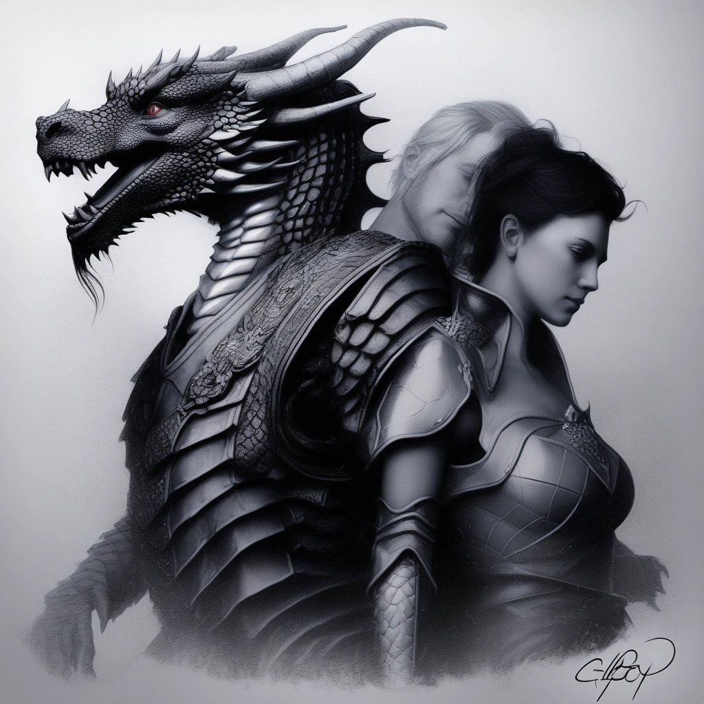 fantasy art of a dragon and prince and a queen, claudio_aboy