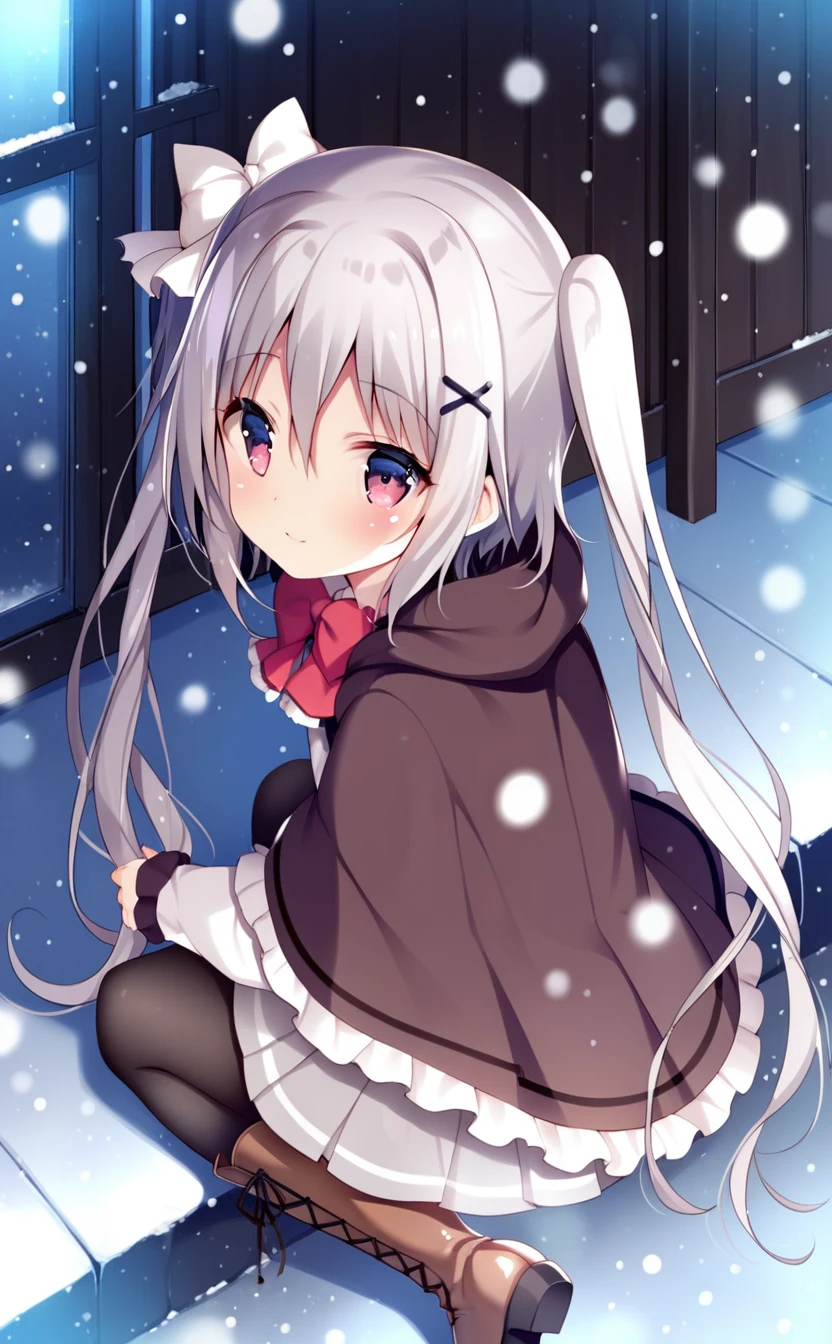 <lora:Neri:0.7>,Neri,cotton balls for clothing,1girl,solo,boots,cloak,x hair ornament,hair between eyes,one side hair bow,black pantyhose,red bow,white shirt,grey hair,twintails,light grey skirt,score_9,lonely,street,snowing,sitting,wariza,from_above,looking_at_viewer,looking_back,stretch,