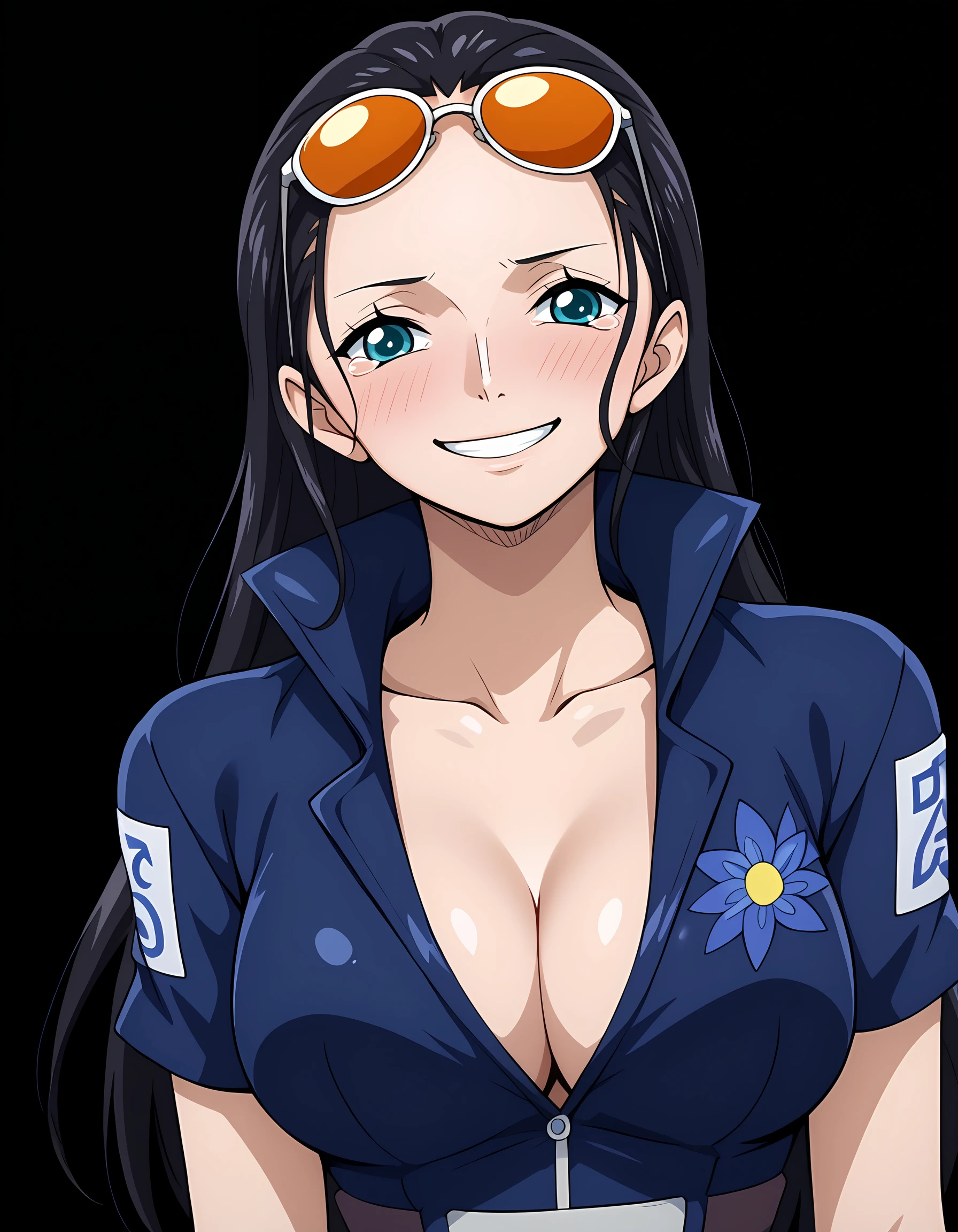 <lora:Nico_Robin-000011:1>, n1corobin, 1girl, solo, simple black background
hair slicked back, eyewear on head, happy, smile, blush, tearing up, front view, crop top, cleavage